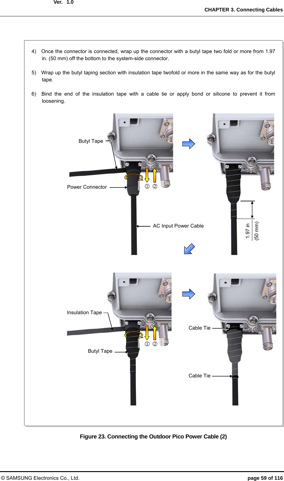  Ver.  CHAPTER 3. Connecting Cables © SAMSUNG Electronics Co., Ltd.  page 59 of 116 1.0  Figure 23. Connecting the Outdoor Pico Power Cable (2) Power ConnectorAC Input Power Cable 4)    Once the connector is connected, wrap up the connector with a butyl tape two fold or more from 1.97 in. (50 mm) off the bottom to the system-side connector.    5)    Wrap up the butyl taping section with insulation tape twofold or more in the same way as for the butyl tape.  6)  Bind the end of the insulation tape with a cable tie or apply bond or silicone to prevent it from loosening.    Butyl Tape1.97 in (50 mm) Butyl TapeCable TieInsulation TapeCable Tie   