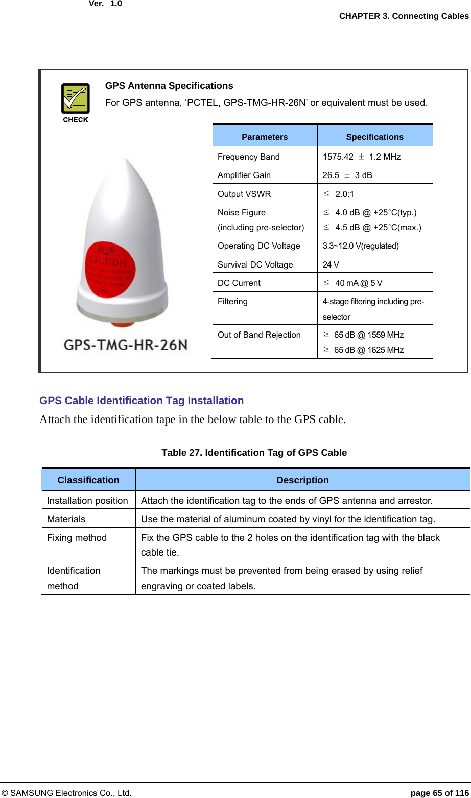  Ver.  CHAPTER 3. Connecting Cables © SAMSUNG Electronics Co., Ltd.  page 65 of 116 1.0   GPS Antenna Specifications   For GPS antenna, ‘PCTEL, GPS-TMG-HR-26N’ or equivalent must be used.                       GPS Cable Identification Tag Installation Attach the identification tape in the below table to the GPS cable.    Table 27. Identification Tag of GPS Cable   Classification  Description Installation position  Attach the identification tag to the ends of GPS antenna and arrestor. Materials  Use the material of aluminum coated by vinyl for the identification tag. Fixing method  Fix the GPS cable to the 2 holes on the identification tag with the black cable tie. Identification method The markings must be prevented from being erased by using relief engraving or coated labels.    Parameters  Specifications Frequency Band  1575.42  ± 1.2 MHz Amplifier Gain  26.5  ± 3 dB Output VSWR  ≤ 2.0:1 Noise Figure (including pre-selector) ≤  4.0 dB @ +25°C(typ.) ≤  4.5 dB @ +25°C(max.) Operating DC Voltage  3.3~12.0 V(regulated) Survival DC Voltage  24 V DC Current  ≤  40 mA @ 5 V Filtering  4-stage filtering including pre-selector Out of Band Rejection  ≥  65 dB @ 1559 MHz ≥  65 dB @ 1625 MHz 