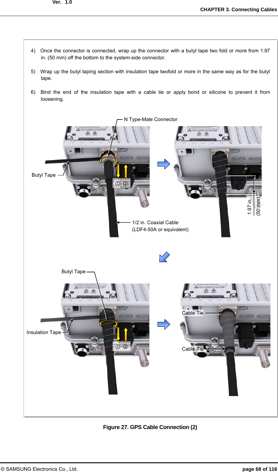  Ver.   CHAPTER 3. Connecting Cables © SAMSUNG Electronics Co., Ltd.  page 68 of 116 1.0 Figure 27. GPS Cable Connection (2) 1.97 in. (50 mm) N Type-Male Connector 1/2 in. Coaxial Cable (LDF4-50A or equivalent) Butyl TapeCable Tie4)    Once the connector is connected, wrap up the connector with a butyl tape two fold or more from 1.97 in. (50 mm) off the bottom to the system-side connector.    5)    Wrap up the butyl taping section with insulation tape twofold or more in the same way as for the butyl tape.  6)  Bind the end of the insulation tape with a cable tie or apply bond or silicone to prevent it from loosening.    Butyl Tape    Cable TieInsulation Tape
