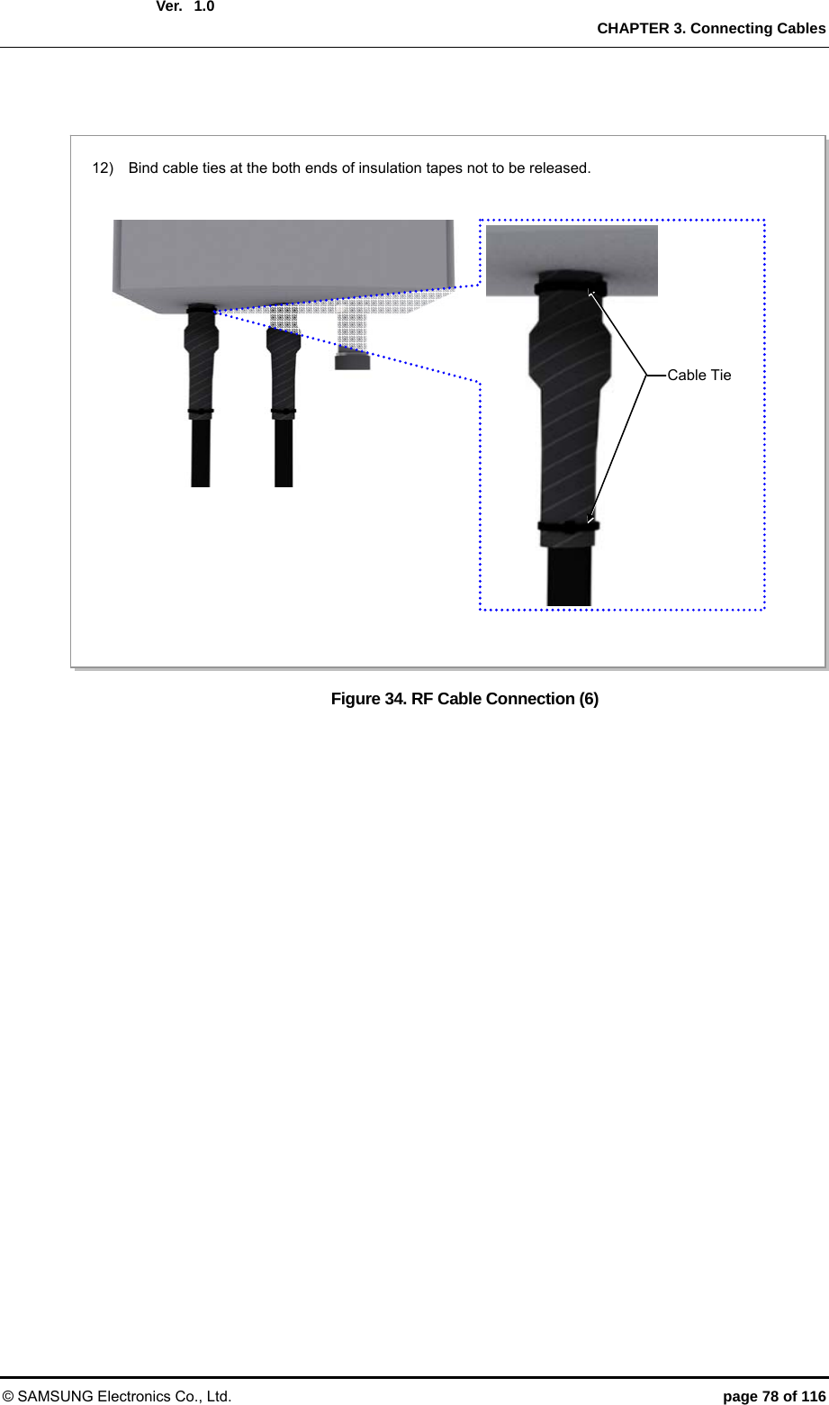  Ver.   CHAPTER 3. Connecting Cables © SAMSUNG Electronics Co., Ltd.  page 78 of 116 1.0 Figure 34. RF Cable Connection (6)   12)    Bind cable ties at the both ends of insulation tapes not to be released. Cable Tie 