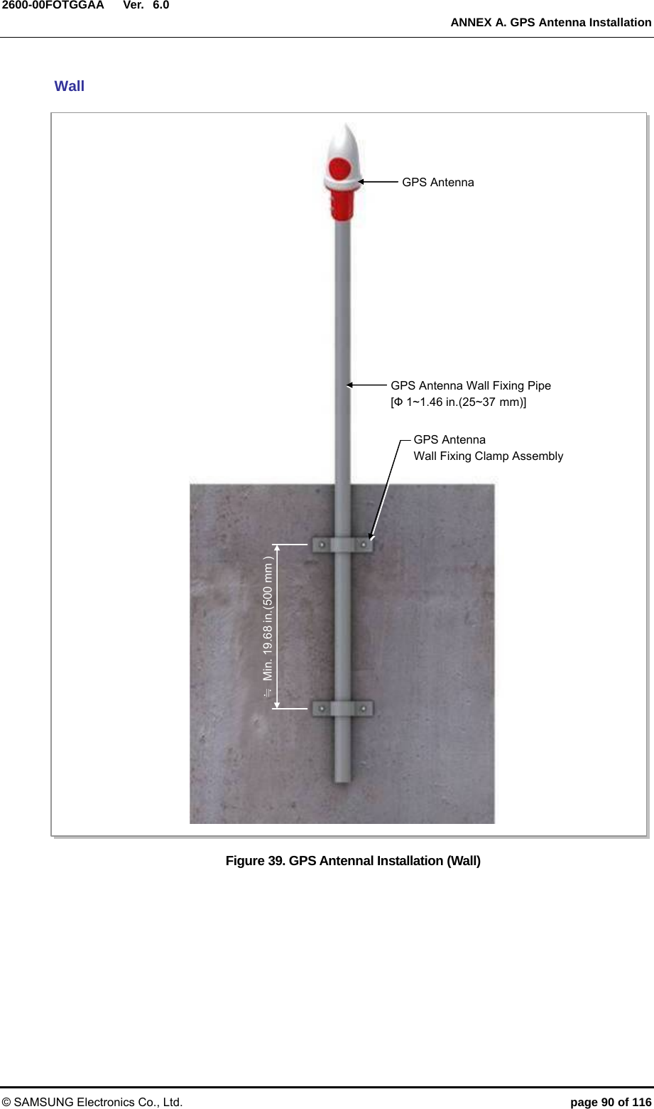  Ver.   ANNEX A. GPS Antenna Installation © SAMSUNG Electronics Co., Ltd.  page 90 of 116 2600-00FOTGGAA 6.0Wall Figure 39. GPS Antennal Installation (Wall) GPS Antenna Wall Fixing Pipe [Ф 1~1.46 in.(25~37 mm)] GPS AntennaGPS Antenna Wall Fixing Clamp Assembly ≒  Min. 19.68 in.(500 mm ) 