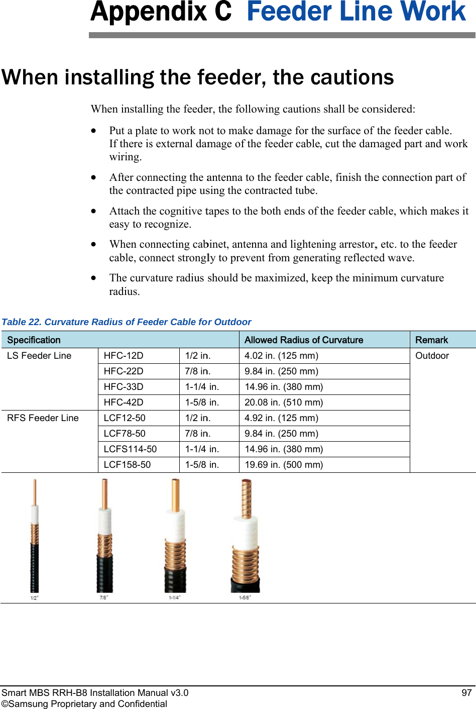  Smart MB©SamsunWheTable 22SpecificLS FeedRFS Fe BS RRH-B8 Inng ProprietaryAen instW2. Curvature Rcation der Line eeder Line  nstallation May and ConfidenAppetallingWhen installi Put a platIf there iswiring.   After conthe contra Attach theasy to re When concable, con The curvaradius. Radius of FeeHFC-12D HFC-22D HFC-33D HFC-42D LCF12-50 LCF78-50 LCFS114-5LCF158-50 nual v3.0  ntial endix g the feing the feedete to work nos external damnnecting the aacted pipe ushe cognitive tecognize. nnecting cabnnect stronglature radius eder Cable fo1/2 in7/8 in1-1/4 1-5/8 1/2 in7/8 in50 1-1/4 1-5/8   C  Feeeder,er, the followot to make damage of the antenna to thsing the conttapes to the bbinet, antennaly to preventshould be mor Outdoor Allown. 4.02 n. 9.84 in. 14.96in. 20.08n. 4.92 n. 9.84 in. 14.96in. 19.69eede, the cwing cautionsamage for thfeeder cablehe feeder cabtracted tube. both ends of a and lightent from generaaximized, kewed Radius ofin. (125 mm)in. (250 mm)6 in. (380 mm8 in. (510 mmin. (125 mm)in. (250 mm)6 in. (380 mm9 in. (500 mm er Lincautions shall be cone surface of , cut the damble, finish the the feeder caning arrestor,ating reflecteeep the minimCurvature ) ) ) ) e Wons nsidered: the feeder camaged part ane connectionable, which m, etc. to the fed wave. mum curvatuRemOutd97 ork able.  nd work  part of makes it feeder ure mark door 