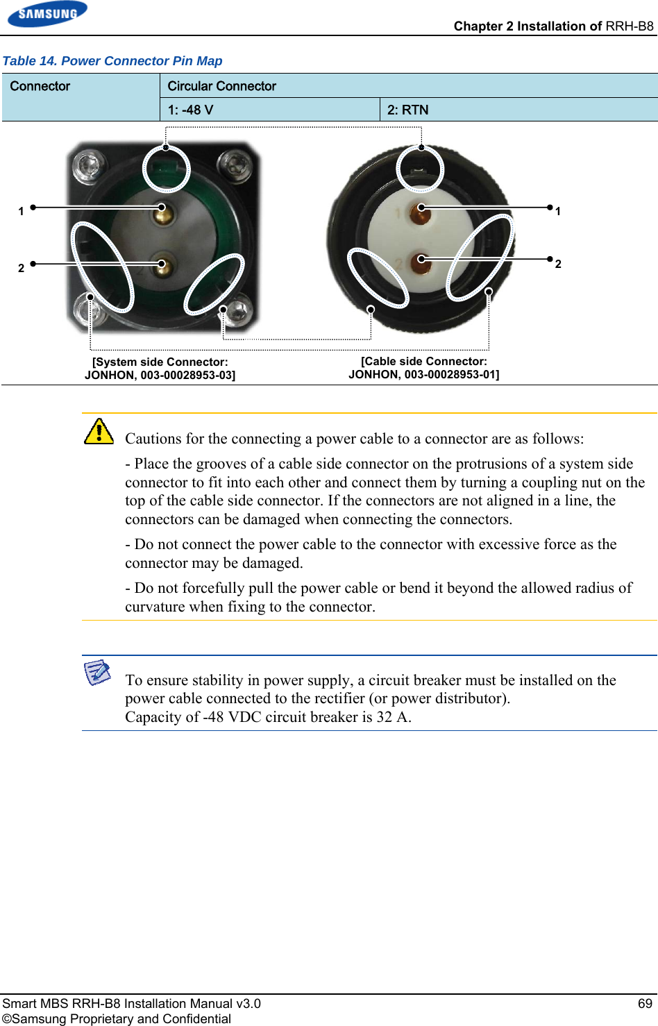  Chapter 2 Installation of RRH-B8 Smart MBS RRH-B8 Installation Manual v3.0   69 ©Samsung Proprietary and Confidential Table 14. Power Connector Pin Map Connector  Circular Connector 1: -48 V  2: RTN    Cautions for the connecting a power cable to a connector are as follows:   - Place the grooves of a cable side connector on the protrusions of a system side connector to fit into each other and connect them by turning a coupling nut on the top of the cable side connector. If the connectors are not aligned in a line, the connectors can be damaged when connecting the connectors.   - Do not connect the power cable to the connector with excessive force as the connector may be damaged.   - Do not forcefully pull the power cable or bend it beyond the allowed radius of curvature when fixing to the connector.   To ensure stability in power supply, a circuit breaker must be installed on the power cable connected to the rectifier (or power distributor).  Capacity of -48 VDC circuit breaker is 32 A.   [Cable side Connector:  JONHON, 003-00028953-01] [System side Connector:  JONHON, 003-00028953-03] 1  1 2  2 