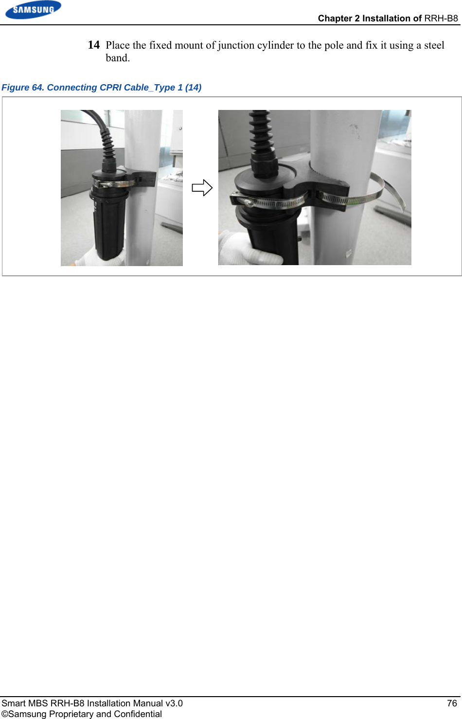  Chapter 2 Installation of RRH-B8 Smart MBS RRH-B8 Installation Manual v3.0   76 ©Samsung Proprietary and Confidential 14  Place the fixed mount of junction cylinder to the pole and fix it using a steel band. Figure 64. Connecting CPRI Cable_Type 1 (14)    