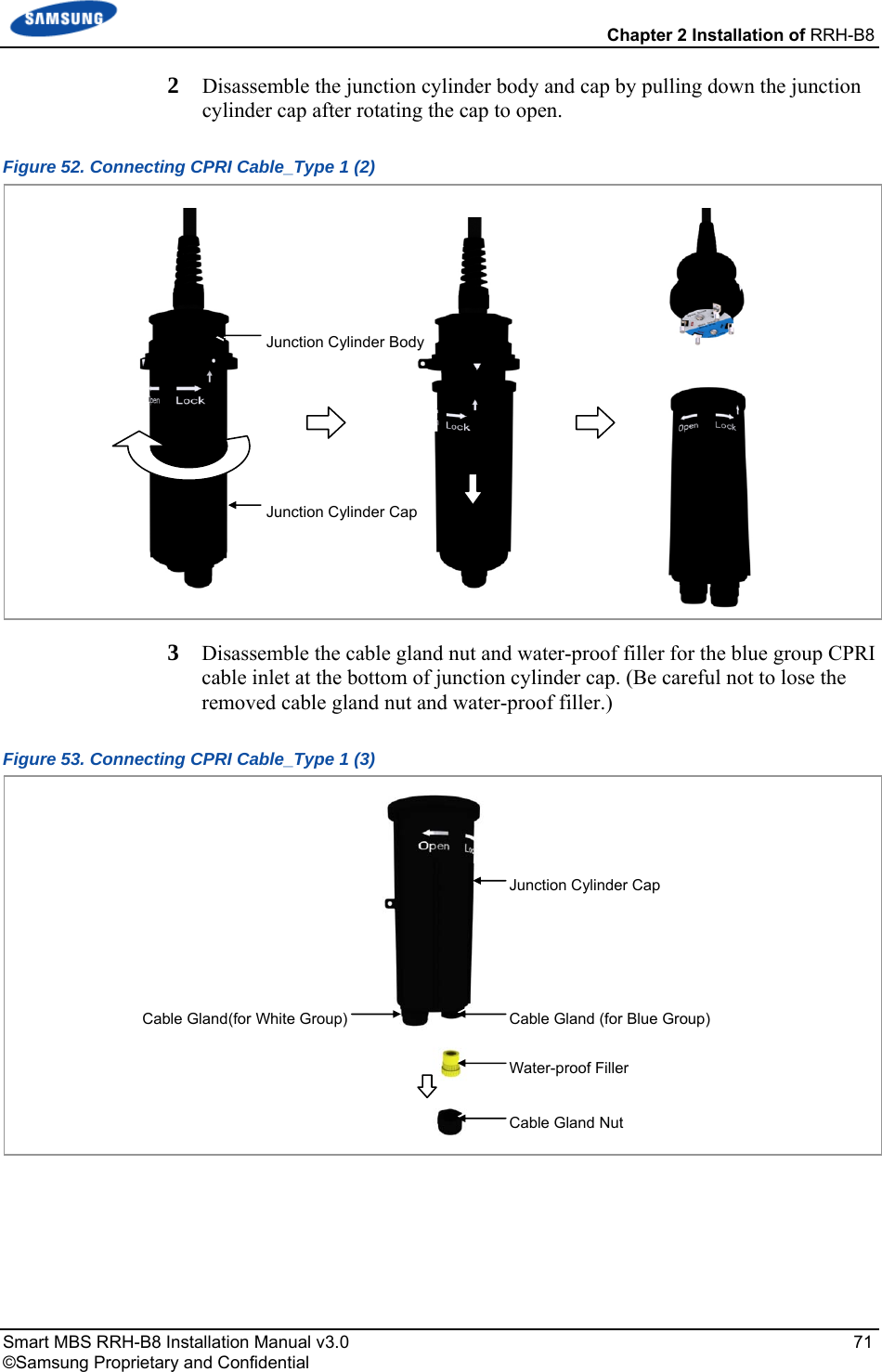  Chapter 2 Installation of RRH-B8 Smart MBS RRH-B8 Installation Manual v3.0   71 ©Samsung Proprietary and Confidential 2  Disassemble the junction cylinder body and cap by pulling down the junction cylinder cap after rotating the cap to open. Figure 52. Connecting CPRI Cable_Type 1 (2)  3  Disassemble the cable gland nut and water-proof filler for the blue group CPRI cable inlet at the bottom of junction cylinder cap. (Be careful not to lose the removed cable gland nut and water-proof filler.) Figure 53. Connecting CPRI Cable_Type 1 (3)    Water-proof Filler Cable Gland Nut Junction Cylinder CapCable Gland (for Blue Group) Cable Gland(for White Group) Junction Cylinder CapJunction Cylinder Body