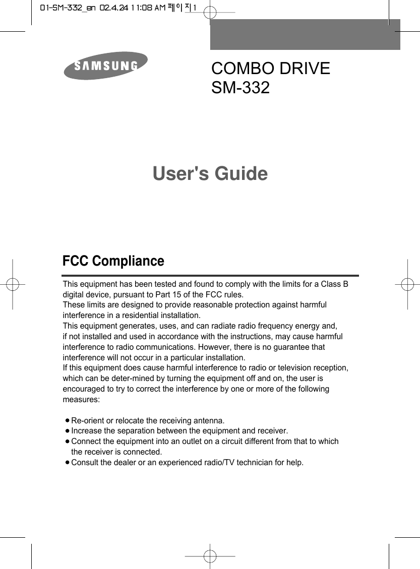 COMBO DRIVESM-332User&apos;s Guide FCC ComplianceThis equipment has been tested and found to comply with the limits for a Class Bdigital device, pursuant to Part 15 of the FCC rules.These limits are designed to provide reasonable protection against harmfulinterference in a residential installation.This equipment generates, uses, and can radiate radio frequency energy and,if not installed and used in accordance with the instructions, may cause harmfulinterference to radio communications. However, there is no guarantee thatinterference will not occur in a particular installation.If this equipment does cause harmful interference to radio or television reception,which can be deter-mined by turning the equipment off and on, the user isencouraged to try to correct the interference by one or more of the followingmeasures:Re-orient or relocate the receiving antenna.Increase the separation between the equipment and receiver.Connect the equipment into an outlet on a circuit different from that to whichthe receiver is connected.Consult the dealer or an experienced radio/TV technician for help.