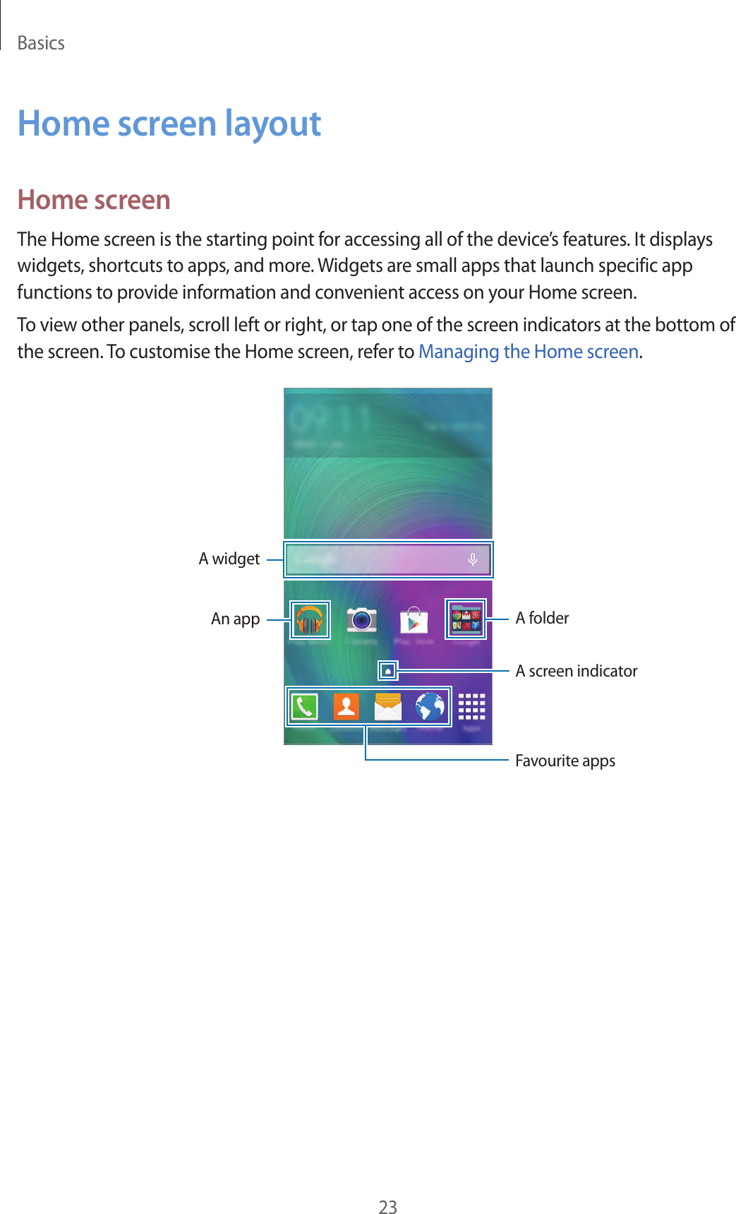 Basics23Home screen layoutHome screenThe Home screen is the starting point for accessing all of the device’s features. It displays widgets, shortcuts to apps, and more. Widgets are small apps that launch specific app functions to provide information and convenient access on your Home screen.To view other panels, scroll left or right, or tap one of the screen indicators at the bottom of the screen. To customise the Home screen, refer to Managing the Home screen.A widgetAn appA screen indicatorA folder Favourite apps