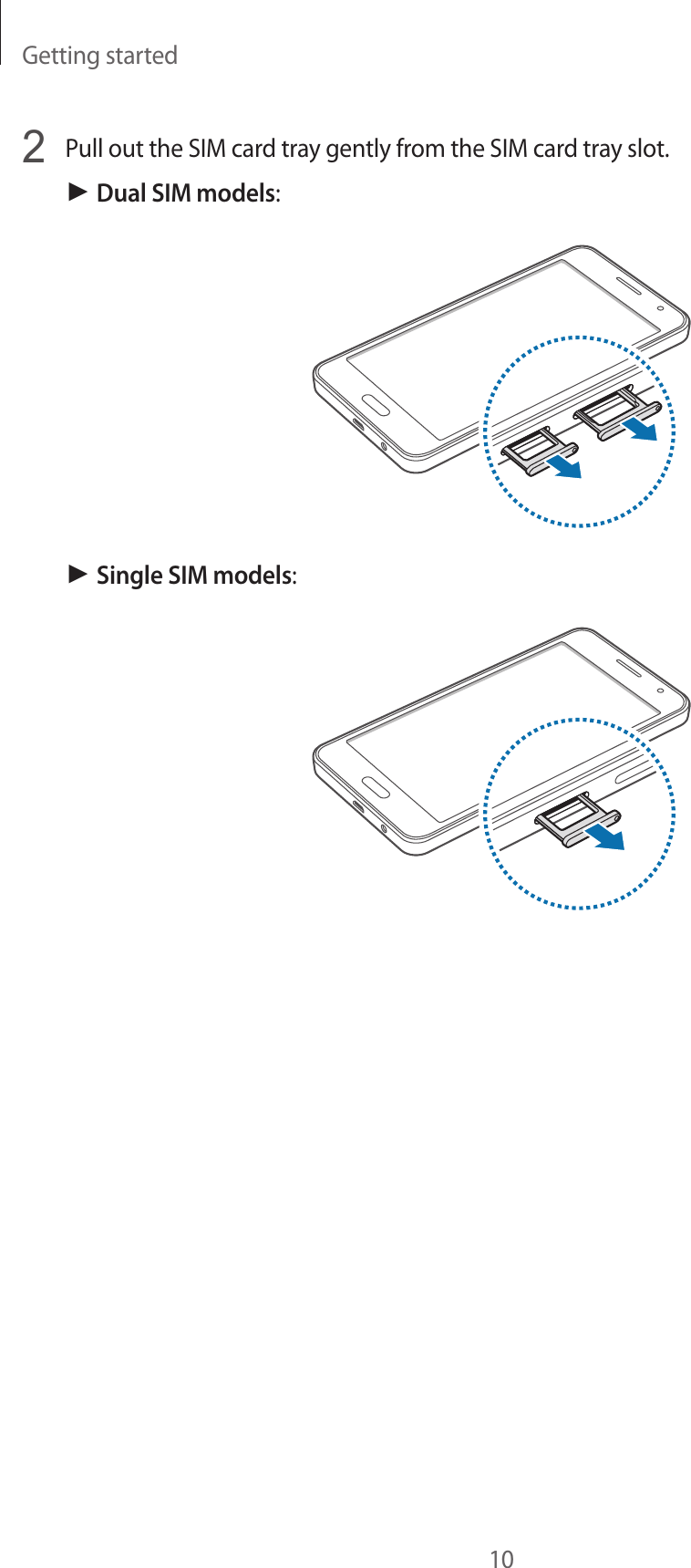 Getting started102  Pull out the SIM card tray gently from the SIM card tray slot.► Dual SIM models:► Single SIM models:
