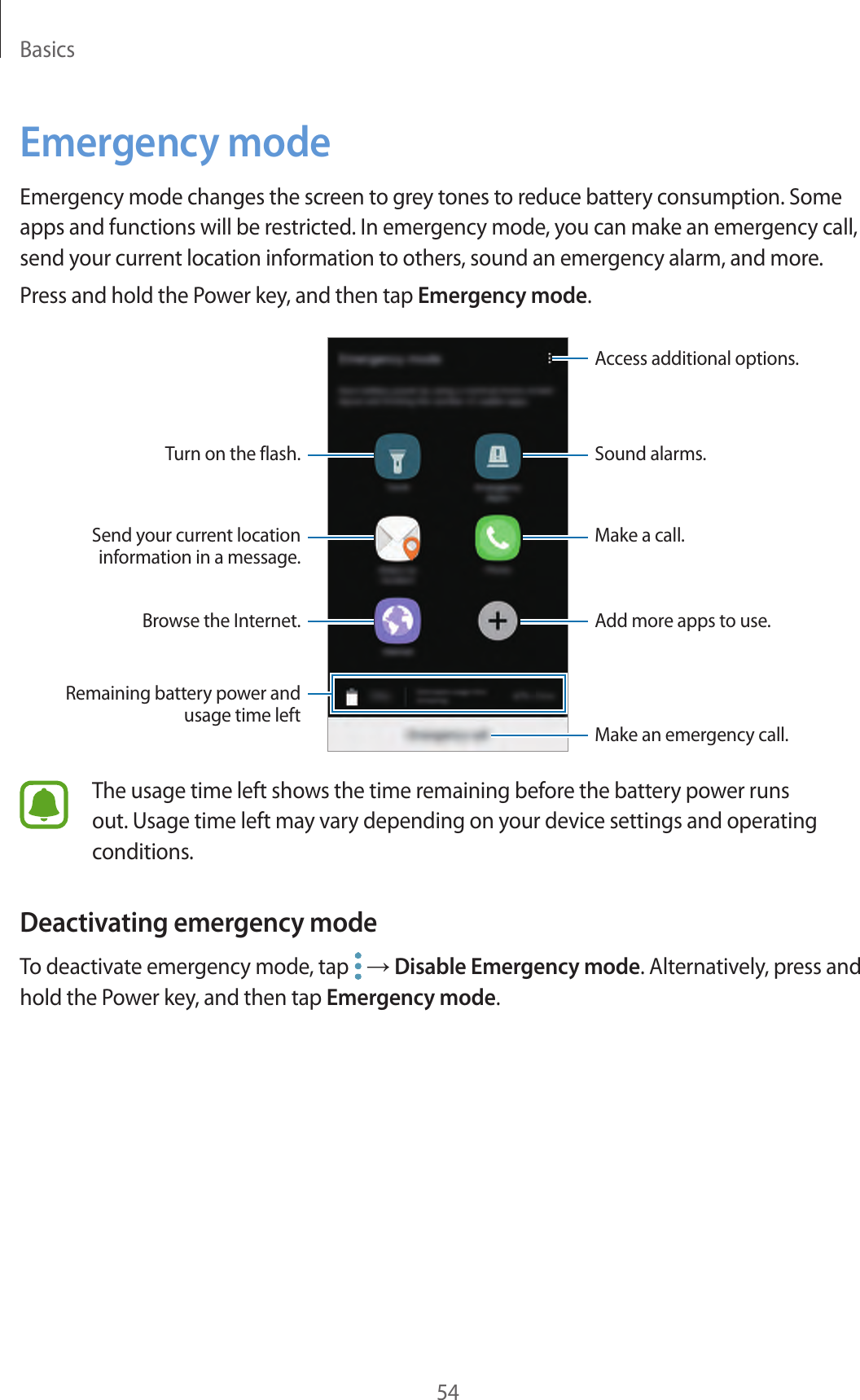Basics54Emergency modeEmergency mode changes the screen to grey tones to reduce battery consumption. Some apps and functions will be restricted. In emergency mode, you can make an emergency call, send your current location information to others, sound an emergency alarm, and more.Press and hold the Power key, and then tap Emergency mode.Add more apps to use.Make an emergency call.Remaining battery power and usage time leftTurn on the flash.Make a call.Send your current location information in a message.Browse the Internet.Access additional options.Sound alarms.The usage time left shows the time remaining before the battery power runs out. Usage time left may vary depending on your device settings and operating conditions.Deactivating emergency modeTo deactivate emergency mode, tap   → Disable Emergency mode. Alternatively, press and hold the Power key, and then tap Emergency mode.