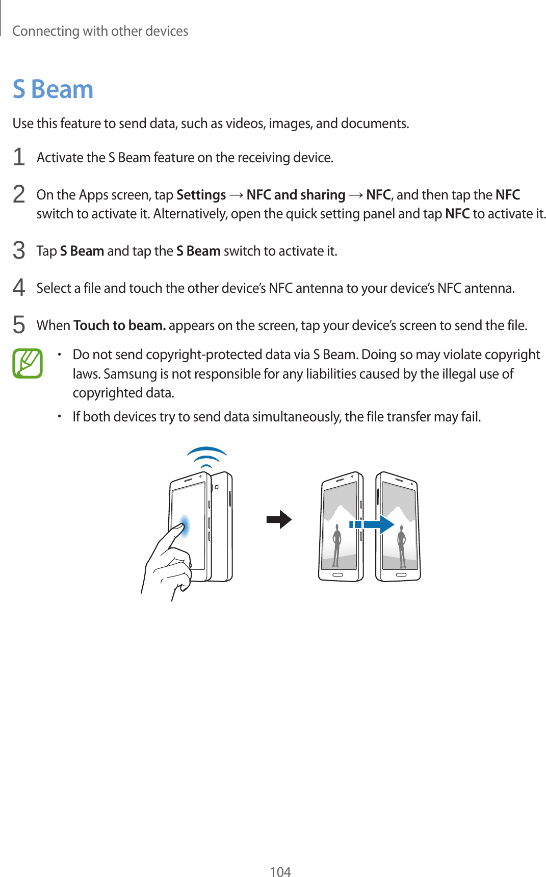 Connecting with other devices104S BeamUse this feature to send data, such as videos, images, and documents.1  Activate the S Beam feature on the receiving device.2  On the Apps screen, tap Settings → NFC and sharing → NFC, and then tap the NFC switch to activate it. Alternatively, open the quick setting panel and tap NFC to activate it.3  Tap S Beam and tap the S Beam switch to activate it.4  Select a file and touch the other device’s NFC antenna to your device’s NFC antenna.5  When Touch to beam. appears on the screen, tap your device’s screen to send the file.•Do not send copyright-protected data via S Beam. Doing so may violate copyright laws. Samsung is not responsible for any liabilities caused by the illegal use of copyrighted data.•If both devices try to send data simultaneously, the file transfer may fail.