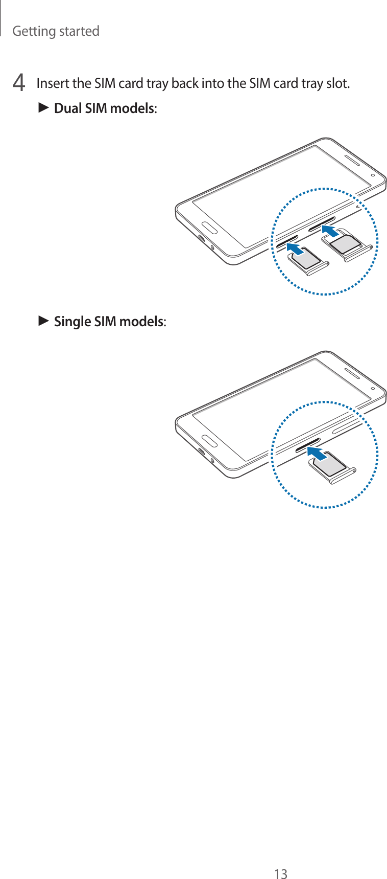 Getting started134  Insert the SIM card tray back into the SIM card tray slot.► Dual SIM models:► Single SIM models: