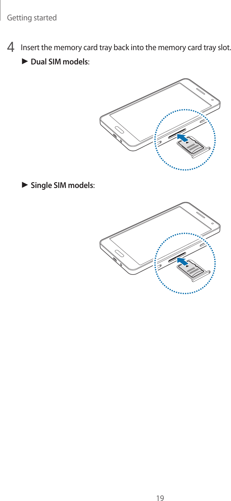 Getting started194  Insert the memory card tray back into the memory card tray slot.► Dual SIM models:► Single SIM models: