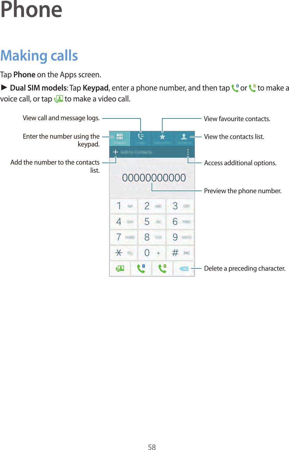 58PhoneMaking callsTap Phone on the Apps screen.► Dual SIM models: Tap Keypad, enter a phone number, and then tap   or   to make a voice call, or tap   to make a video call.Access additional options.Preview the phone number.View favourite contacts.Delete a preceding character.View the contacts list.View call and message logs.Add the number to the contacts list.Enter the number using the keypad.