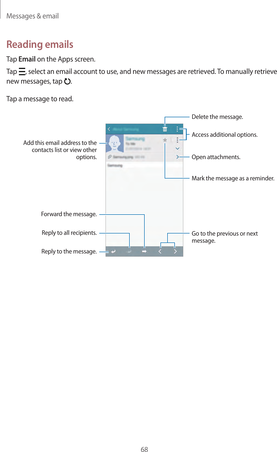 Messages &amp; email68Reading emailsTap Email on the Apps screen.Tap  , select an email account to use, and new messages are retrieved. To manually retrieve new messages, tap  .Tap a message to read.Open attachments.Reply to the message.Add this email address to the contacts list or view other options.Mark the message as a reminder.Reply to all recipients.Forward the message.Go to the previous or next message.Delete the message.Access additional options.