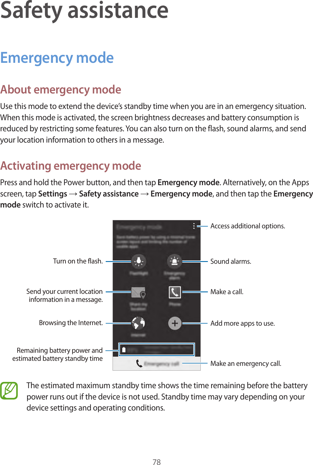 78Safety assistanceEmergency modeAbout emergency modeUse this mode to extend the device’s standby time when you are in an emergency situation. When this mode is activated, the screen brightness decreases and battery consumption is reduced by restricting some features. You can also turn on the flash, sound alarms, and send your location information to others in a message.Activating emergency modePress and hold the Power button, and then tap Emergency mode. Alternatively, on the Apps screen, tap Settings → Safety assistance → Emergency mode, and then tap the Emergency mode switch to activate it.Sound alarms.Add more apps to use.Make an emergency call.Remaining battery power and estimated battery standby timeTurn on the flash.Make a call.Send your current location information in a message.Browsing the Internet.Access additional options.The estimated maximum standby time shows the time remaining before the battery power runs out if the device is not used. Standby time may vary depending on your device settings and operating conditions.