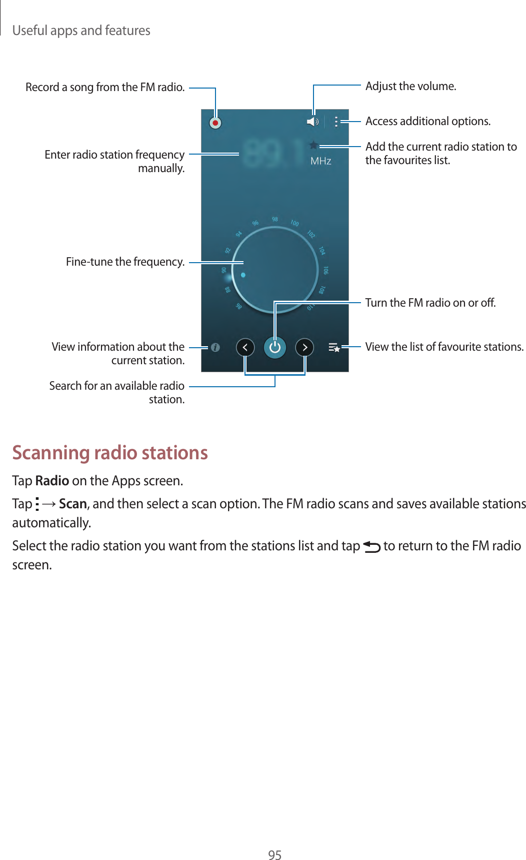 Useful apps and features95View information about the current station.Fine-tune the frequency.Enter radio station frequency manually.Record a song from the FM radio.View the list of favourite stations.Access additional options.Add the current radio station to the favourites list.Adjust the volume.Search for an available radio station.Turn the FM radio on or off.Scanning radio stationsTap Radio on the Apps screen.Tap   → Scan, and then select a scan option. The FM radio scans and saves available stations automatically.Select the radio station you want from the stations list and tap   to return to the FM radio screen.