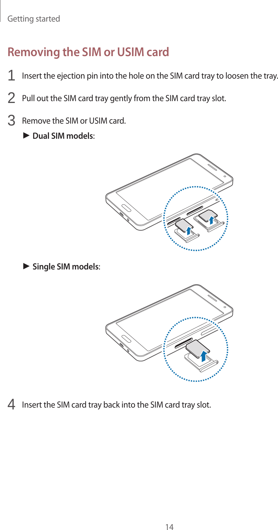 Getting started14Removing the SIM or USIM card1  Insert the ejection pin into the hole on the SIM card tray to loosen the tray.2  Pull out the SIM card tray gently from the SIM card tray slot.3  Remove the SIM or USIM card.► Dual SIM models:► Single SIM models:4  Insert the SIM card tray back into the SIM card tray slot.