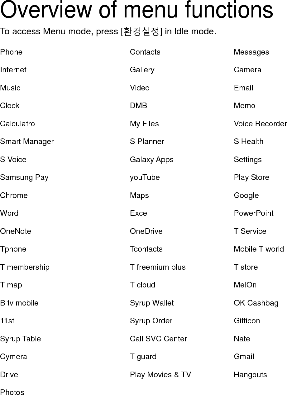 Overview of menu functions To access Menu mode, press [환경설정] in ldle mode.  Phone          Contacts      Messages  Internet        Gallery       Camera  Music          Video        Email  Clock          DMB        Memo  Calculatro        My Files      Voice Recorder  Smart Manager      S Planner      S Health  S Voice        Galaxy Apps      Settings  Samsung Pay        youTube      Play Store  Chrome        Maps        Google  Word          Excel        PowerPoint  OneNote        OneDrive      T Service  Tphone        Tcontacts      Mobile T world  T membership       T freemium plus    T store  T map          T cloud       MelOn  B tv mobile        Syrup Wallet      OK Cashbag  11st          Syrup Order      Gifticon    Syrup Table        Call SVC Center    Nate  Cymera        T guard      Gmail  Drive          Play Movies &amp; TV    Hangouts  Photos    