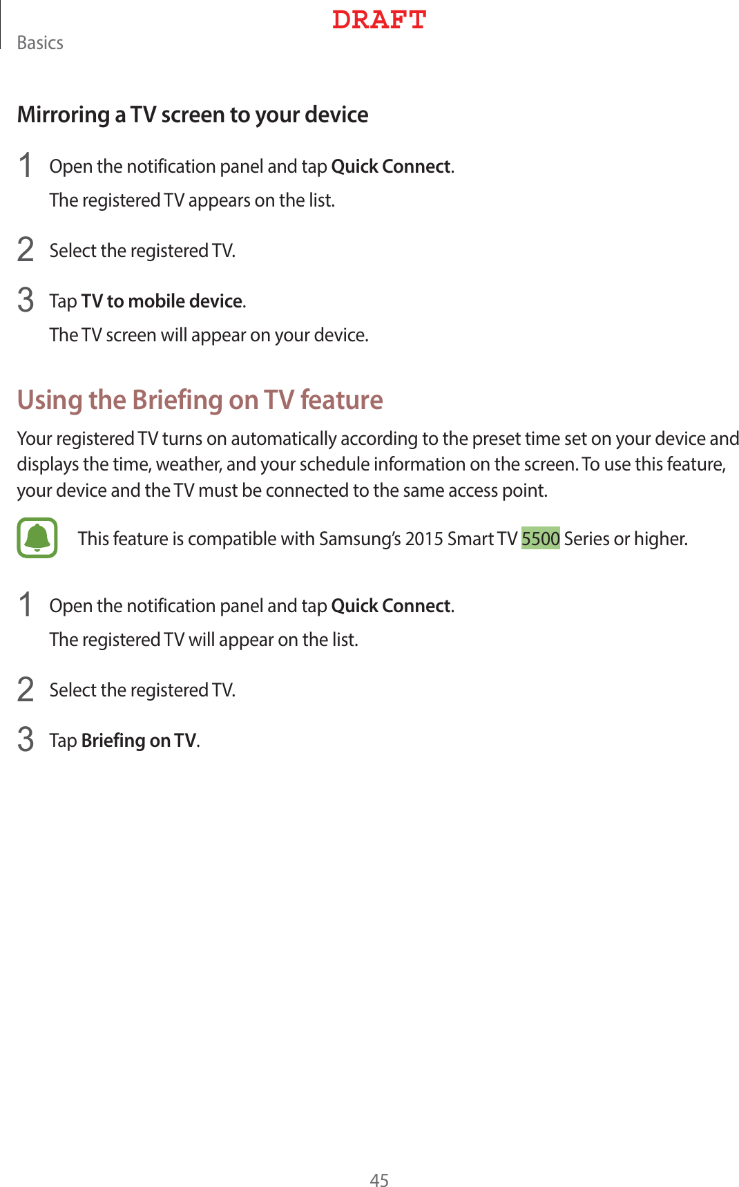 #BTJDTMirroring a TV screen to your device1  0QFOUIFOPUJGJDBUJPOQBOFMBOEUBQQuick Connect5IFSFHJTUFSFE57BQQFBSTPOUIFMJTU2  4FMFDUUIFSFHJTUFSFE573  5BQTV to mobile device5IF57TDSFFOXJMMBQQFBSPOZPVSEFWJDFUsing the Briefing on TV feature:PVSSFHJTUFSFE57UVSOTPOBVUPNBUJDBMMZBDDPSEJOHUPUIFQSFTFUUJNFTFUPOZPVSEFWJDFBOEEJTQMBZTUIFUJNFXFBUIFSBOEZPVSTDIFEVMFJOGPSNBUJPOPOUIFTDSFFO5PVTFUIJTGFBUVSFZPVSEFWJDFBOEUIF57NVTUCFDPOOFDUFEUPUIFTBNFBDDFTTQPJOU5IJTGFBUVSFJTDPNQBUJCMFXJUI4BNTVOHT4NBSU574FSJFTPSIJHIFS1  0QFOUIFOPUJGJDBUJPOQBOFMBOEUBQQuick Connect5IFSFHJTUFSFE57XJMMBQQFBSPOUIFMJTU2  4FMFDUUIFSFHJTUFSFE573  5BQBriefing on TV%3&quot;&apos;5
