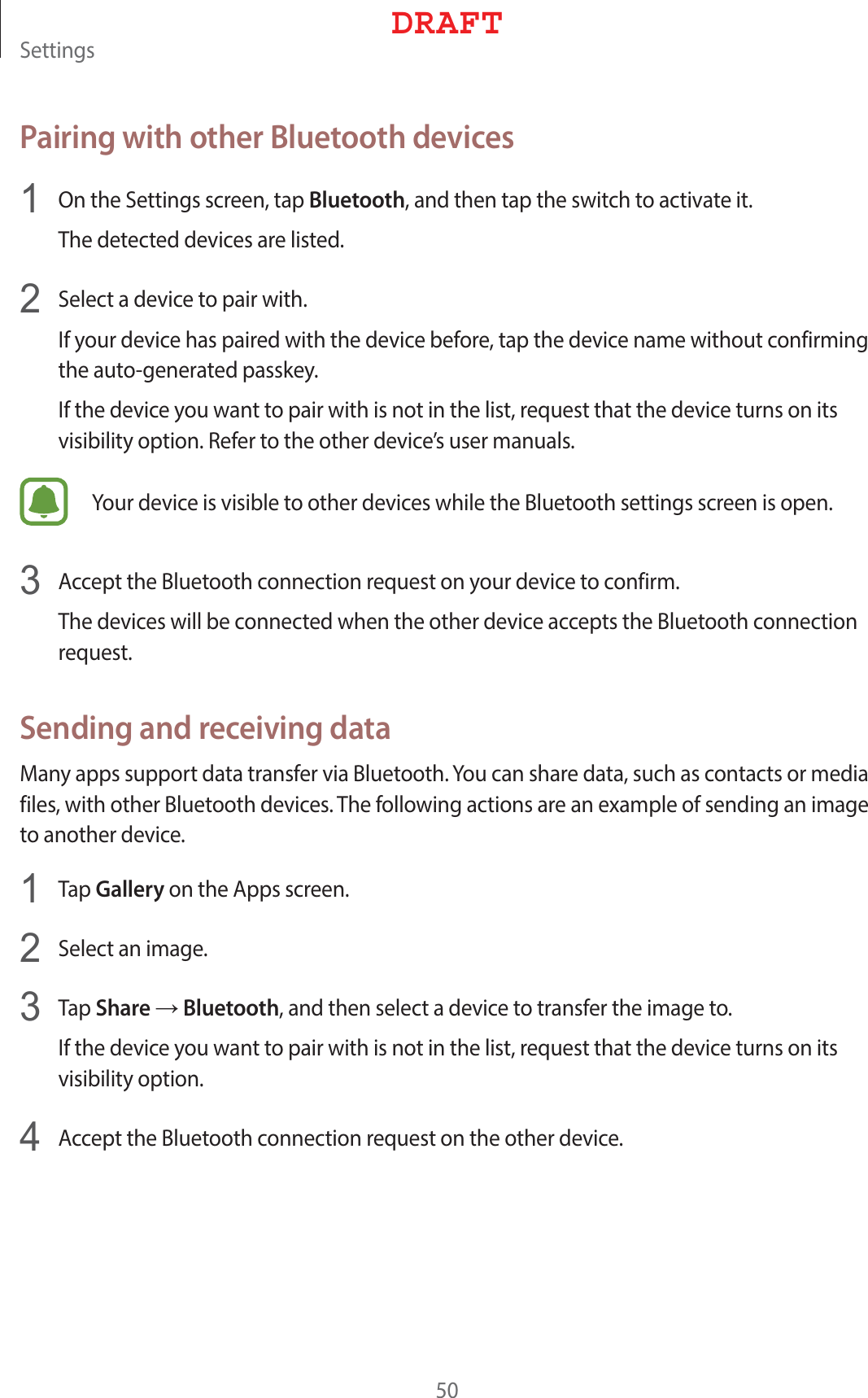 4FUUJOHTPairing with other Bluetooth devices1  0OUIF4FUUJOHTTDSFFOUBQBluetoothBOEUIFOUBQUIFTXJUDIUPBDUJWBUFJU5IFEFUFDUFEEFWJDFTBSFMJTUFE2  4FMFDUBEFWJDFUPQBJSXJUI*GZPVSEFWJDFIBTQBJSFEXJUIUIFEFWJDFCFGPSFUBQUIFEFWJDFOBNFXJUIPVUDPOGJSNJOHUIFBVUPHFOFSBUFEQBTTLFZ*GUIFEFWJDFZPVXBOUUPQBJSXJUIJTOPUJOUIFMJTUSFRVFTUUIBUUIFEFWJDFUVSOTPOJUTWJTJCJMJUZPQUJPO3FGFSUPUIFPUIFSEFWJDFTVTFSNBOVBMT:PVSEFWJDFJTWJTJCMFUPPUIFSEFWJDFTXIJMFUIF#MVFUPPUITFUUJOHTTDSFFOJTPQFO3  &quot;DDFQUUIF#MVFUPPUIDPOOFDUJPOSFRVFTUPOZPVSEFWJDFUPDPOGJSN5IFEFWJDFTXJMMCFDPOOFDUFEXIFOUIFPUIFSEFWJDFBDDFQUTUIF#MVFUPPUIDPOOFDUJPOSFRVFTUSending and receiving data.BOZBQQTTVQQPSUEBUBUSBOTGFSWJB#MVFUPPUI:PVDBOTIBSFEBUBTVDIBTDPOUBDUTPSNFEJBGJMFTXJUIPUIFS#MVFUPPUIEFWJDFT5IFGPMMPXJOHBDUJPOTBSFBOFYBNQMFPGTFOEJOHBOJNBHFUPBOPUIFSEFWJDF1  5BQGalleryPOUIF&quot;QQTTDSFFO2  4FMFDUBOJNBHF3  5BQShare→BluetoothBOEUIFOTFMFDUBEFWJDFUPUSBOTGFSUIFJNBHFUP*GUIFEFWJDFZPVXBOUUPQBJSXJUIJTOPUJOUIFMJTUSFRVFTUUIBUUIFEFWJDFUVSOTPOJUTWJTJCJMJUZPQUJPO4  &quot;DDFQUUIF#MVFUPPUIDPOOFDUJPOSFRVFTUPOUIFPUIFSEFWJDF%3&quot;&apos;5