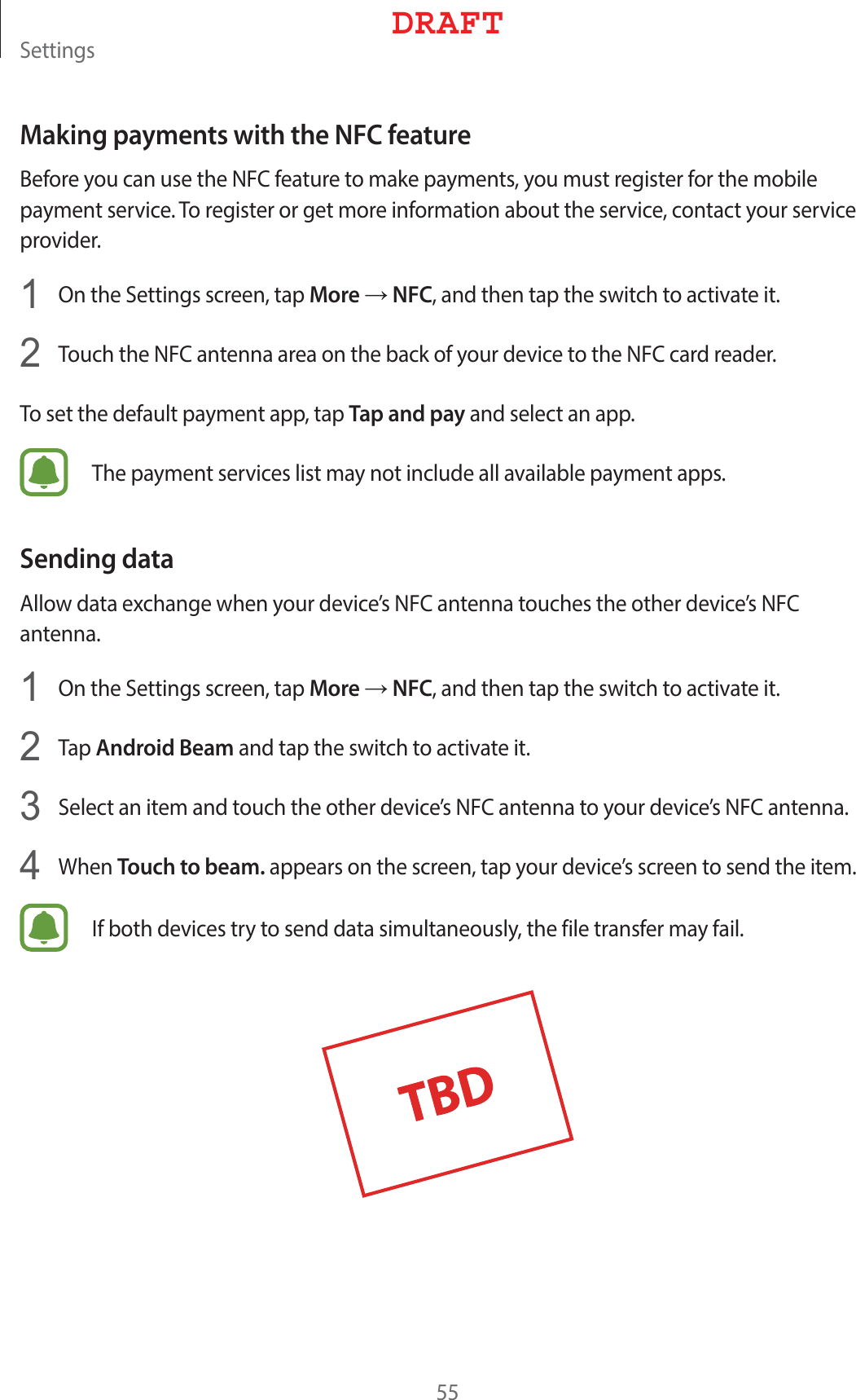 4FUUJOHTMaking payments with the NFC feature#FGPSFZPVDBOVTFUIF/&apos;$GFBUVSFUPNBLFQBZNFOUTZPVNVTUSFHJTUFSGPSUIFNPCJMFQBZNFOUTFSWJDF5PSFHJTUFSPSHFUNPSFJOGPSNBUJPOBCPVUUIFTFSWJDFDPOUBDUZPVSTFSWJDFQSPWJEFS1  0OUIF4FUUJOHTTDSFFOUBQMore→NFCBOEUIFOUBQUIFTXJUDIUPBDUJWBUFJU2  5PVDIUIF/&apos;$BOUFOOBBSFBPOUIFCBDLPGZPVSEFWJDFUPUIF/&apos;$DBSESFBEFS5PTFUUIFEFGBVMUQBZNFOUBQQUBQTap and payBOETFMFDUBOBQQ5IFQBZNFOUTFSWJDFTMJTUNBZOPUJODMVEFBMMBWBJMBCMFQBZNFOUBQQTSending data&quot;MMPXEBUBFYDIBOHFXIFOZPVSEFWJDFT/&apos;$BOUFOOBUPVDIFTUIFPUIFSEFWJDFT/&apos;$BOUFOOB1  0OUIF4FUUJOHTTDSFFOUBQMore→NFCBOEUIFOUBQUIFTXJUDIUPBDUJWBUFJU2  5BQAndroid BeamBOEUBQUIFTXJUDIUPBDUJWBUFJU3  4FMFDUBOJUFNBOEUPVDIUIFPUIFSEFWJDFT/&apos;$BOUFOOBUPZPVSEFWJDFT/&apos;$BOUFOOB4  8IFOTouch to beam.BQQFBSTPOUIFTDSFFOUBQZPVSEFWJDFTTDSFFOUPTFOEUIFJUFN*GCPUIEFWJDFTUSZUPTFOEEBUBTJNVMUBOFPVTMZUIFGJMFUSBOTGFSNBZGBJM%3&quot;&apos;5