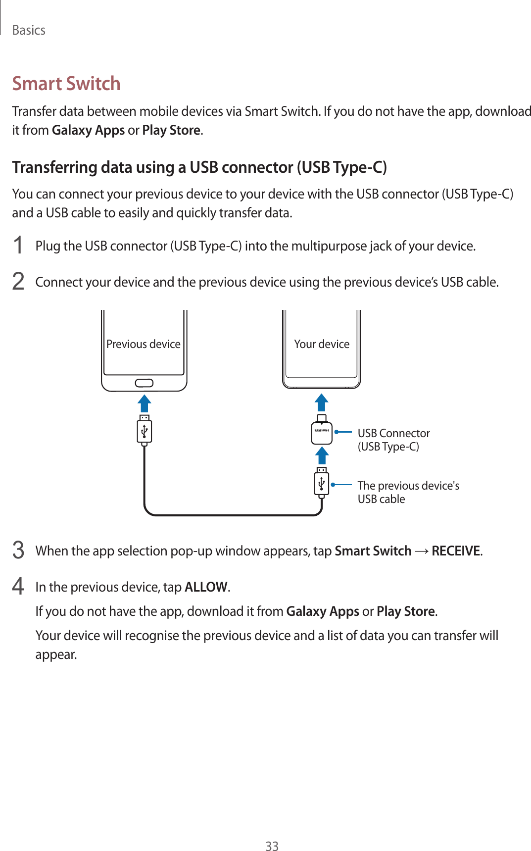 Basics33Smart SwitchTransfer data between mobile devices via Smart Switch. If you do not have the app, download it from Galaxy Apps or Play Store.Transferring data using a USB connector (USB Type-C)You can connect your previous device to your device with the USB connector (USB Type-C) and a USB cable to easily and quickly transfer data.1  Plug the USB connector (USB Type-C) into the multipurpose jack of your device.2  Connect your device and the previous device using the previous device’s USB cable.USB Connector (USB Type-C)Your devicePrevious deviceThe previous device&apos;s USB cable3  When the app selection pop-up window appears, tap Smart Switch → RECEIVE.4  In the previous device, tap ALLOW.If you do not have the app, download it from Galaxy Apps or Play Store.Your device will recognise the previous device and a list of data you can transfer will appear.