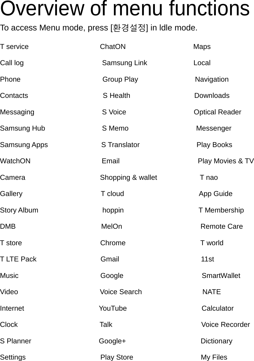 Overview of menu functions To access Menu mode, press [환경설정] in ldle mode.  T service                    ChatON                   Maps  Call log                      Samsung Link             Local  Phone                       Group Play                Navigation  Contacts                     S Health                  Downloads  Messaging                   S Voice                   Optical Reader  Samsung Hub                S Memo                   Messenger  Samsung Apps               S Translator                Play Books  WatchON                    Email                      Play Movies &amp; TV  Camera                     Shopping &amp; wallet            T nao  Gallery                      T cloud                     App Guide  Story Album                  hoppin                     T Membership  DMB                        MelOn                      Remote Care  T store                      Chrome                     T world  T LTE Pack                  Gmail                       11st  Music                       Google                      SmartWallet  Video                       Voice Search                 NATE  Internet                     YouTube                     Calculator  Clock                       Talk                         Voice Recorder  S Planner                   Google+                     Dictionary  Settings                     Play Store                   My Files     