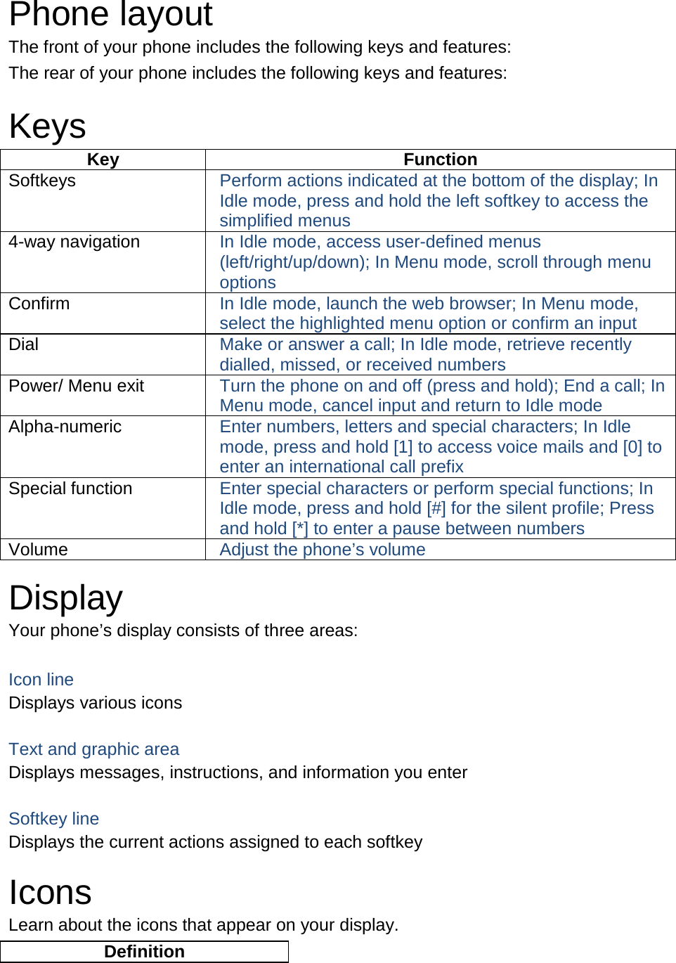  Phone layout The front of your phone includes the following keys and features: The rear of your phone includes the following keys and features:  Keys Key Function Softkeys Perform actions indicated at the bottom of the display; In Idle mode, press and hold the left softkey to access the simplified menus 4-way navigation In Idle mode, access user-defined menus (left/right/up/down); In Menu mode, scroll through menu options Confirm In Idle mode, launch the web browser; In Menu mode, select the highlighted menu option or confirm an input Dial Make or answer a call; In Idle mode, retrieve recently dialled, missed, or received numbers Power/ Menu exit Turn the phone on and off (press and hold); End a call; In Menu mode, cancel input and return to Idle mode Alpha-numeric Enter numbers, letters and special characters; In Idle mode, press and hold [1] to access voice mails and [0] to enter an international call prefix Special function Enter special characters or perform special functions; In Idle mode, press and hold [#] for the silent profile; Press and hold [*] to enter a pause between numbers Volume Adjust the phone’s volume  Display Your phone’s display consists of three areas:  Icon line Displays various icons  Text and graphic area Displays messages, instructions, and information you enter  Softkey line Displays the current actions assigned to each softkey  Icons Learn about the icons that appear on your display. Definition 