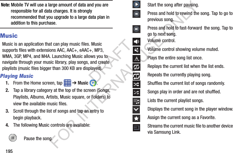 195Note: Mobile TV will use a large amount of data and you are responsible for all data charges. It is strongly recommended that you upgrade to a large data plan in addition to this purchase.MusicMusic is an application that can play music files. Music supports files with extensions AAC, AAC+, eAAC+, MP3, WMA, 3GP, MP4, and M4A. Launching Music allows you to navigate through your music library, play songs, and create playlists (music files bigger than 300 KB are displayed).Playing Music1. From the Home screen, tap ➔ Music .2. Tap a library category at the top of the screen (Songs, Playlists, Albums, Artists, Music square, or Folders) to view the available music files. 3. Scroll through the list of songs and tap an entry to begin playback. 4. The following Music controls are available:Pause the song.Start the song after pausing.Press and hold to rewind the song. Tap to go to previous song.Press and hold to fast-forward the song. Tap to go to next song.Volume control.Volume control showing volume muted.Plays the entire song list once.Replays the current list when the list ends.Repeats the currently playing song.Shuffles the current list of songs randomly.Songs play in order and are not shuffled.Lists the current playlist songs.Displays the current song in the player window.Assign the current song as a Favorite.Streams the current music file to another device via Samsung Link.DRAFT FOR INTERNAL USE ONLY