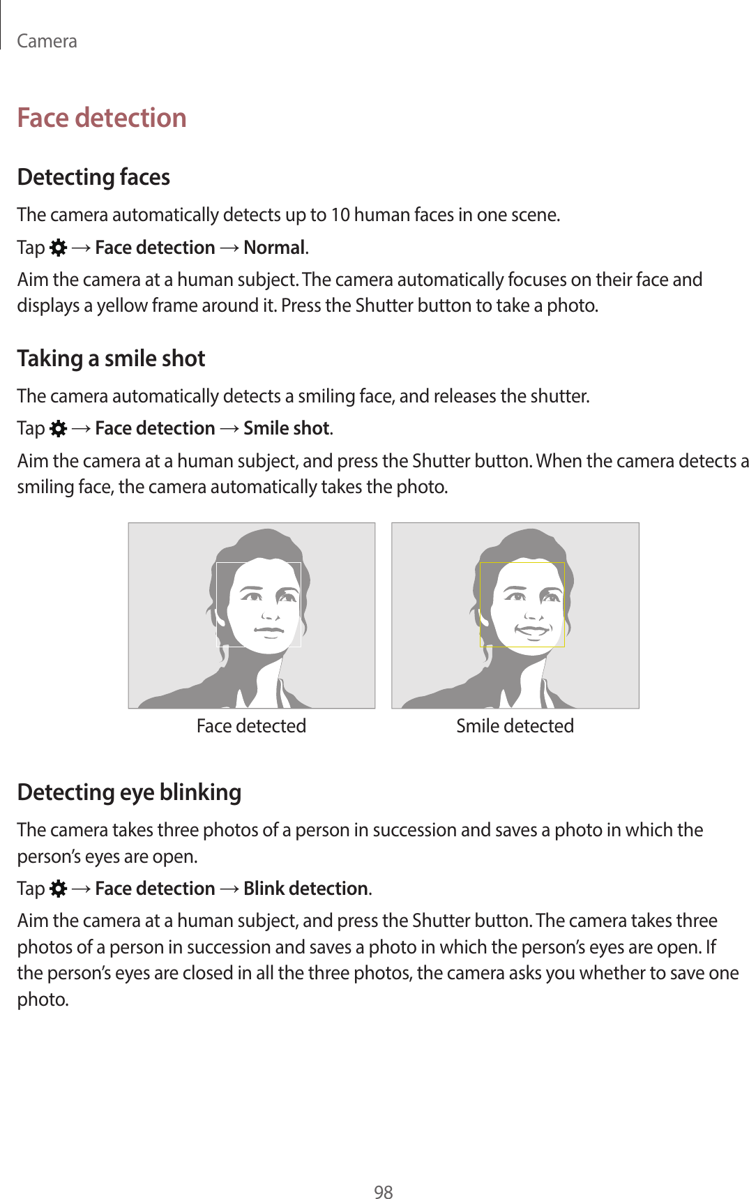 Camera98Face detectionDetecting facesThe camera automatically detects up to 10 human faces in one scene.Tap → Face detection → Normal.Aim the camera at a human subject. The camera automatically focuses on their face and displays a yellow frame around it. Press the Shutter button to take a photo.Taking a smile shotThe camera automatically detects a smiling face, and releases the shutter.Tap → Face detection → Smile shot.Aim the camera at a human subject, and press the Shutter button. When the camera detects a smiling face, the camera automatically takes the photo.Face detected Smile detectedDetecting eye blinkingThe camera takes three photos of a person in succession and saves a photo in which the person’s eyes are open.Tap → Face detection → Blink detection.Aim the camera at a human subject, and press the Shutter button. The camera takes three photos of a person in succession and saves a photo in which the person’s eyes are open. If the person’s eyes are closed in all the three photos, the camera asks you whether to save one photo.