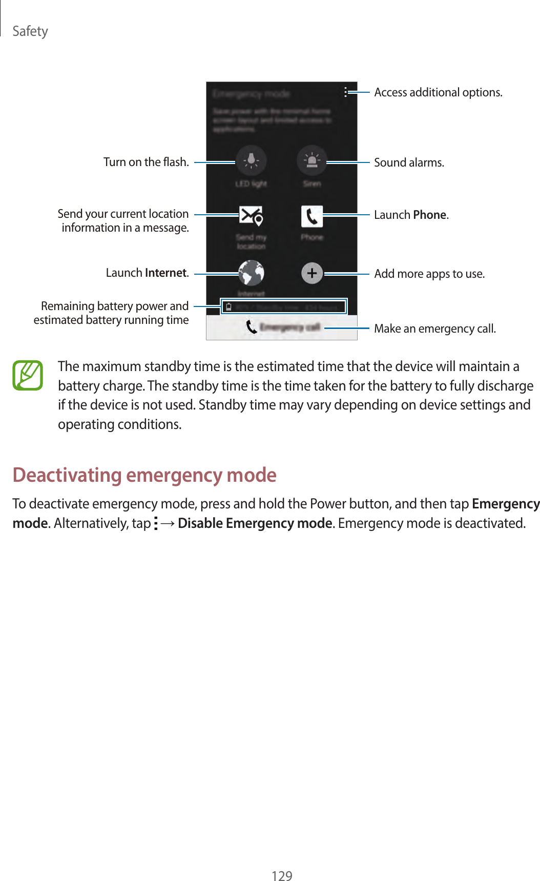Safety129Sound alarms.Add more apps to use.Make an emergency call.Remaining battery power and estimated battery running timeTurn on the flash.Launch Phone.Send your current location information in a message.Launch Internet.Access additional options.The maximum standby time is the estimated time that the device will maintain a battery charge. The standby time is the time taken for the battery to fully discharge if the device is not used. Standby time may vary depending on device settings and operating conditions.Deactivating emergency modeTo deactivate emergency mode, press and hold the Power button, and then tap Emergency mode. Alternatively, tap → Disable Emergency mode. Emergency mode is deactivated.