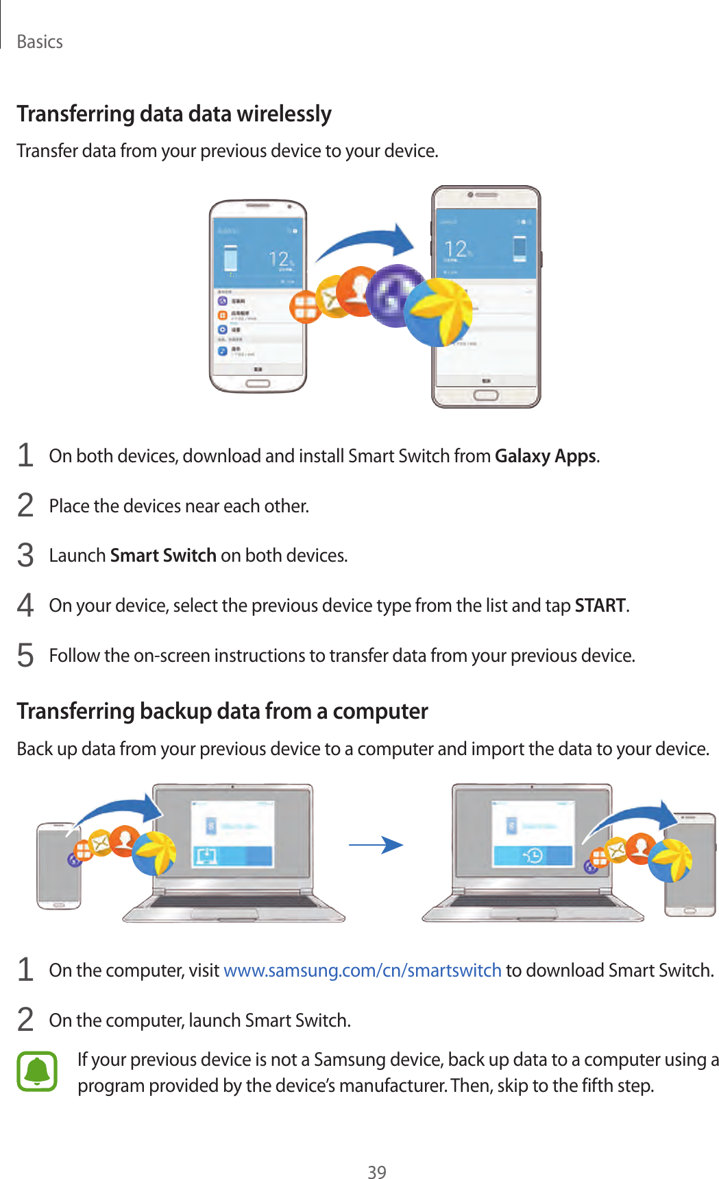 Basics39Transferring data data wirelesslyTransfer data from your previous device to your device.1  On both devices, download and install Smart Switch from Galaxy Apps.2  Place the devices near each other.3  Launch Smart Switch on both devices.4  On your device, select the previous device type from the list and tap START.5  Follow the on-screen instructions to transfer data from your previous device.Transferring backup data from a computerBack up data from your previous device to a computer and import the data to your device.1  On the computer, visit www.samsung.com/cn/smartswitch to download Smart Switch.2  On the computer, launch Smart Switch.If your previous device is not a Samsung device, back up data to a computer using a program provided by the device’s manufacturer. Then, skip to the fifth step.