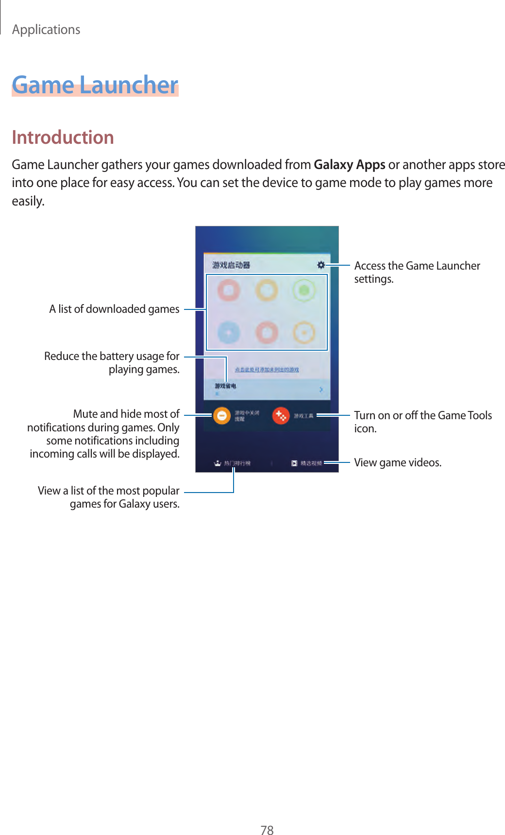 Applications78Game LauncherIntroductionGame Launcher gathers your games downloaded from Galaxy Apps or another apps store into one place for easy access. You can set the device to game mode to play games more easily.Access the Game Launcher settings.A list of downloaded gamesMute and hide most of notifications during games. Only some notifications including incoming calls will be displayed.Reduce the battery usage for playing games.Turn on or off the Game Tools icon.View game videos.View a list of the most popular games for Galaxy users.