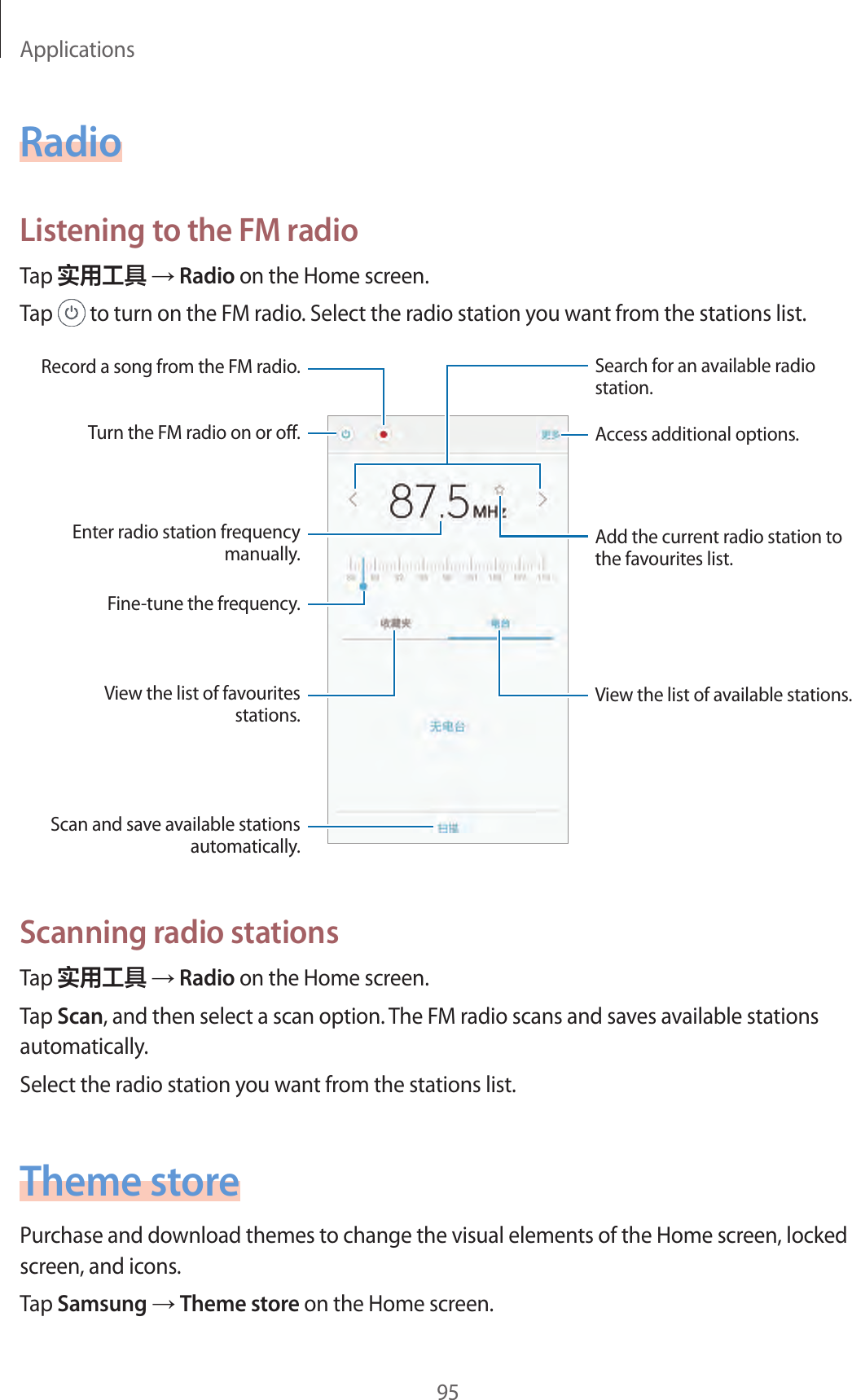 Applications95RadioListening to the FM radioTap 实用工具 → Radio on the Home screen.Tap   to turn on the FM radio. Select the radio station you want from the stations list.View the list of favourites stations.Scan and save available stations automatically.Enter radio station frequency manually.Fine-tune the frequency.Record a song from the FM radio.View the list of available stations.Access additional options.Add the current radio station to the favourites list.Search for an available radio station.Turn the FM radio on or off.Scanning radio stationsTap 实用工具 → Radio on the Home screen.Tap Scan, and then select a scan option. The FM radio scans and saves available stations automatically. Select the radio station you want from the stations list.Theme storePurchase and download themes to change the visual elements of the Home screen, locked screen, and icons.Tap Samsung → Theme store on the Home screen.