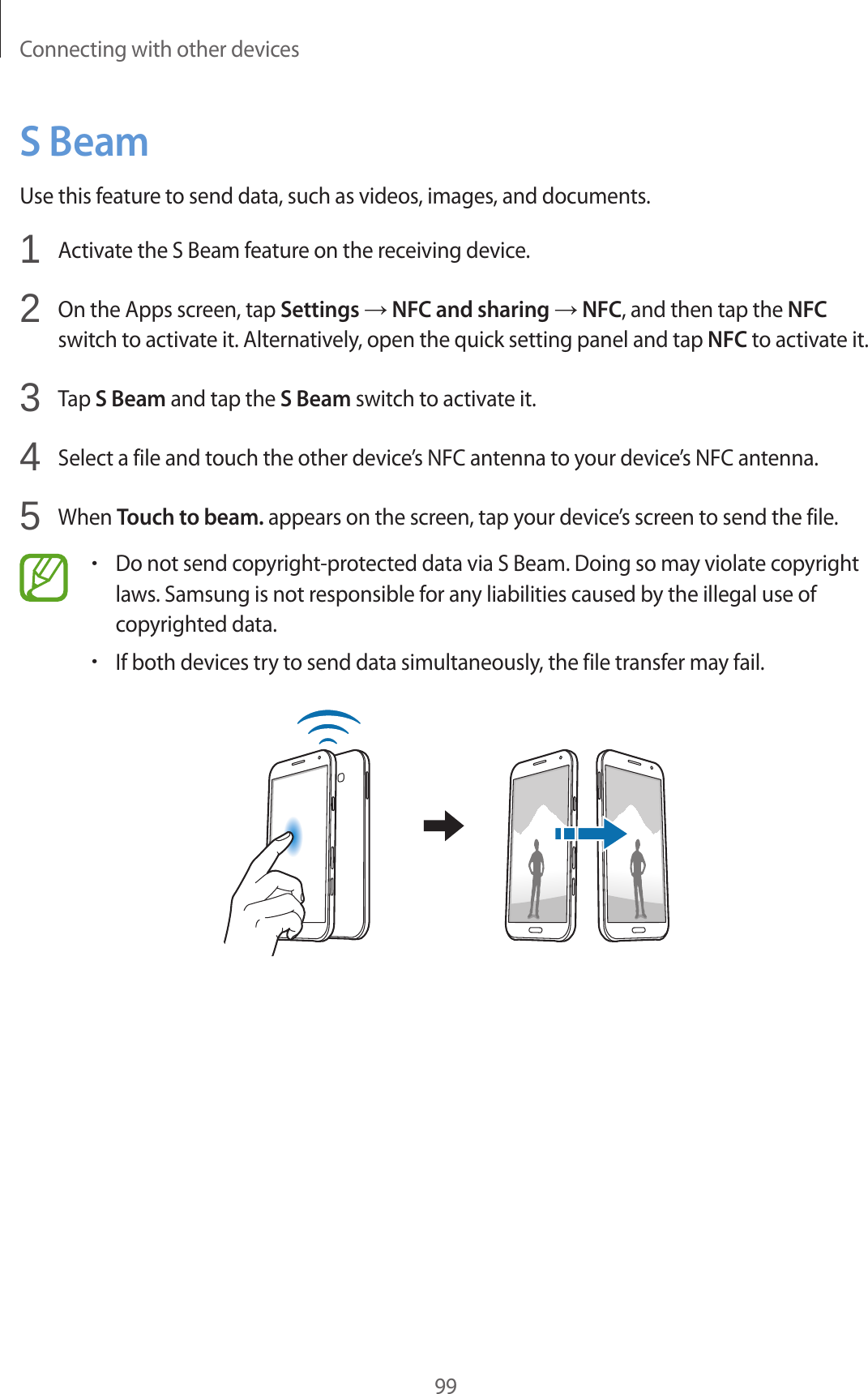 Connecting with other devices99S BeamUse this feature to send data, such as videos, images, and documents.1  Activate the S Beam feature on the receiving device.2  On the Apps screen, tap Settings → NFC and sharing → NFC, and then tap the NFC switch to activate it. Alternatively, open the quick setting panel and tap NFC to activate it.3  Tap S Beam and tap the S Beam switch to activate it.4  Select a file and touch the other device’s NFC antenna to your device’s NFC antenna.5  When Touch to beam. appears on the screen, tap your device’s screen to send the file.•Do not send copyright-protected data via S Beam. Doing so may violate copyright laws. Samsung is not responsible for any liabilities caused by the illegal use of copyrighted data.•If both devices try to send data simultaneously, the file transfer may fail.