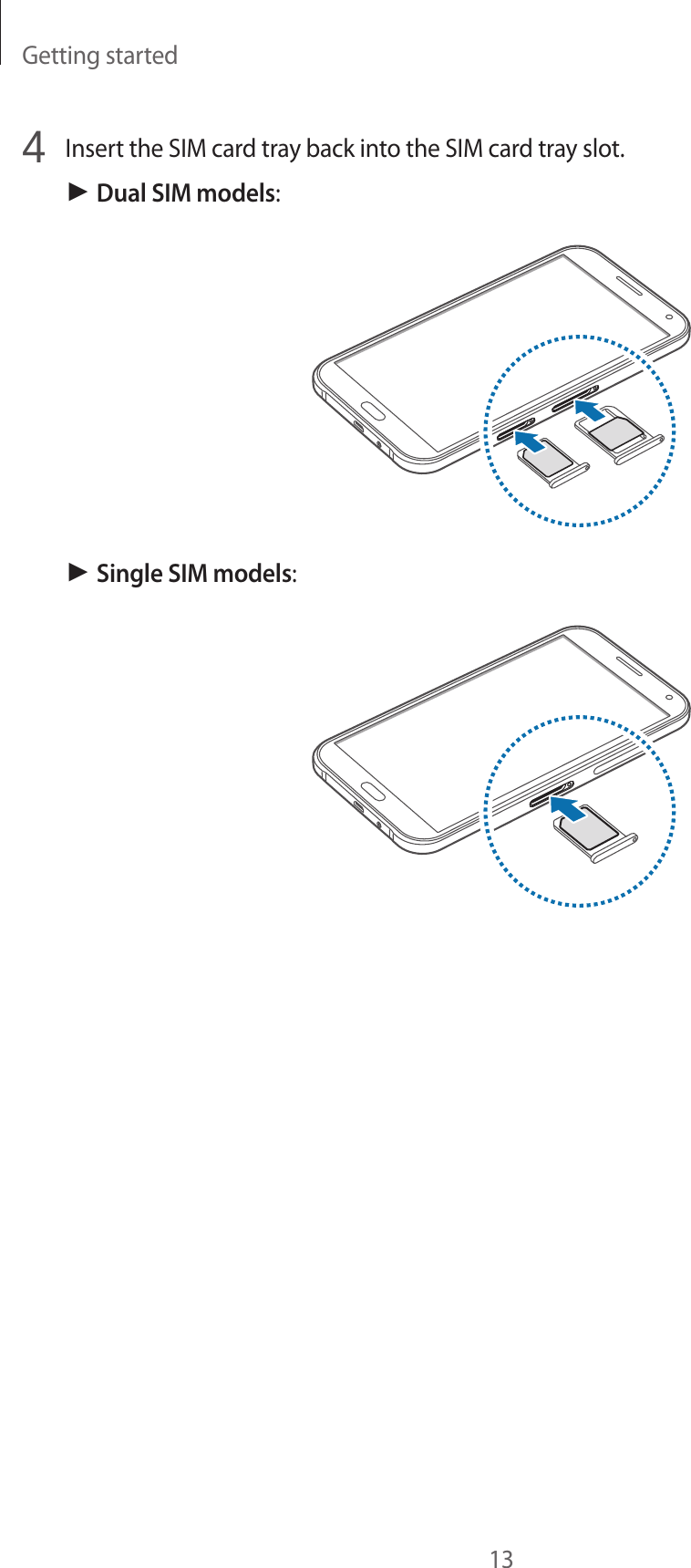 Getting started134  Insert the SIM card tray back into the SIM card tray slot.► Dual SIM models:► Single SIM models:
