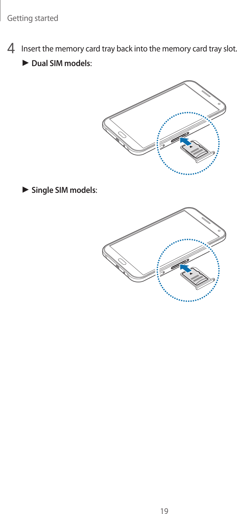 Getting started194  Insert the memory card tray back into the memory card tray slot.► Dual SIM models:► Single SIM models: