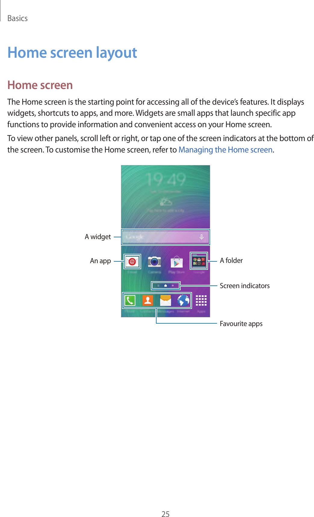 Basics25Home screen layoutHome screenThe Home screen is the starting point for accessing all of the device&rsquo;s features. It displays widgets, shortcuts to apps, and more. Widgets are small apps that launch specific app functions to provide information and convenient access on your Home screen.To view other panels, scroll left or right, or tap one of the screen indicators at the bottom of the screen. To customise the Home screen, refer to Managing the Home screen.A widgetAn appScreen indicatorsA folder Favourite apps
