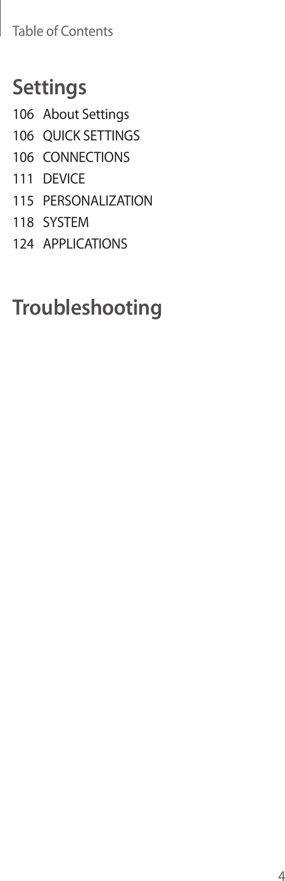 Table of Contents4Settings106  About Settings106  QUICK SETTINGS106 CONNECTIONS111 DEVICE115 PERSONALIZATION118 SYSTEM124 APPLICATIONSTroubleshooting