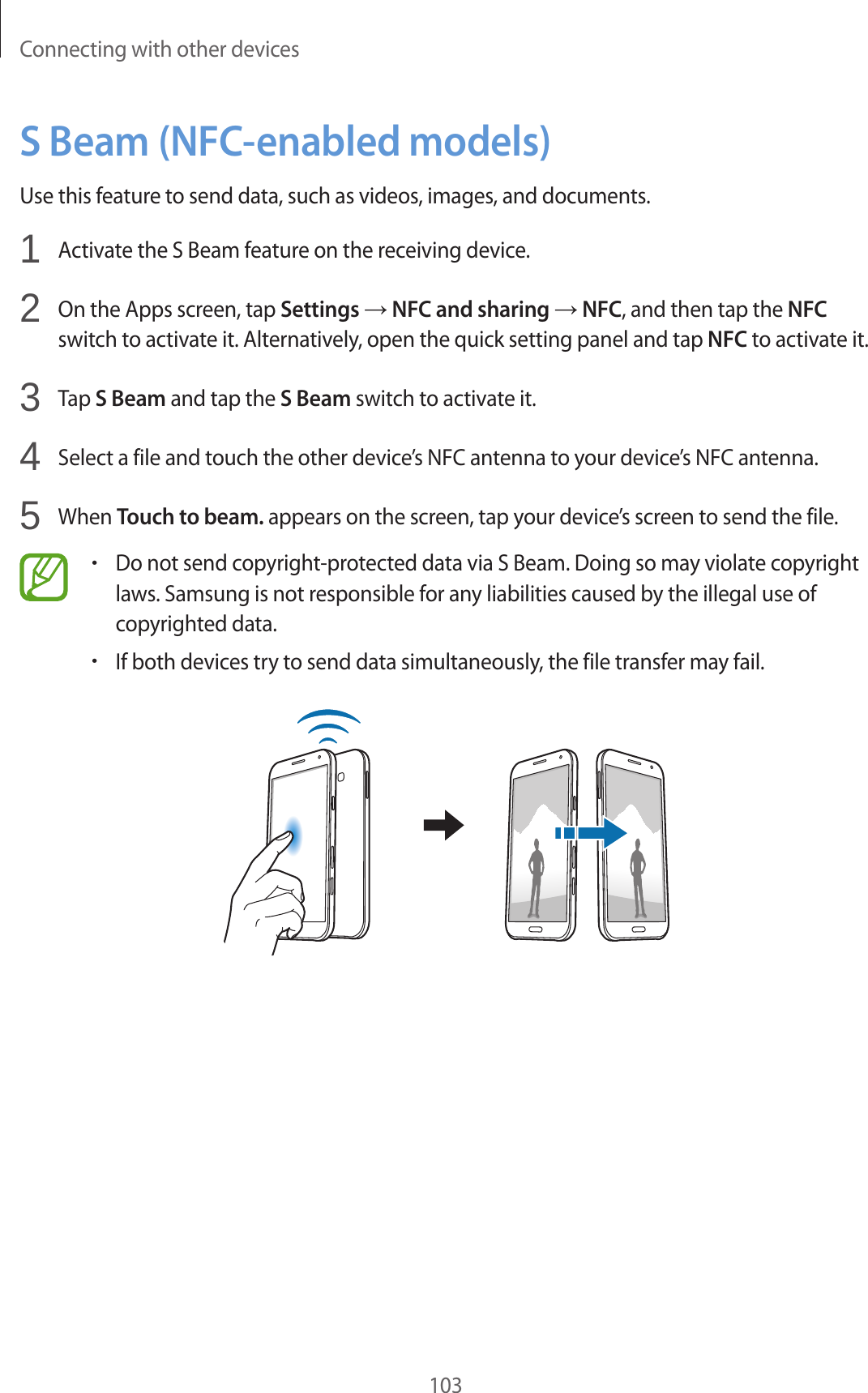 Connecting with other devices103S Beam (NFC-enabled models)Use this feature to send data, such as videos, images, and documents.1  Activate the S Beam feature on the receiving device.2  On the Apps screen, tap Settings → NFC and sharing → NFC, and then tap the NFC switch to activate it. Alternatively, open the quick setting panel and tap NFC to activate it.3  Tap S Beam and tap the S Beam switch to activate it.4  Select a file and touch the other device’s NFC antenna to your device’s NFC antenna.5  When Touch to beam. appears on the screen, tap your device’s screen to send the file.•Do not send copyright-protected data via S Beam. Doing so may violate copyright laws. Samsung is not responsible for any liabilities caused by the illegal use of copyrighted data.•If both devices try to send data simultaneously, the file transfer may fail.