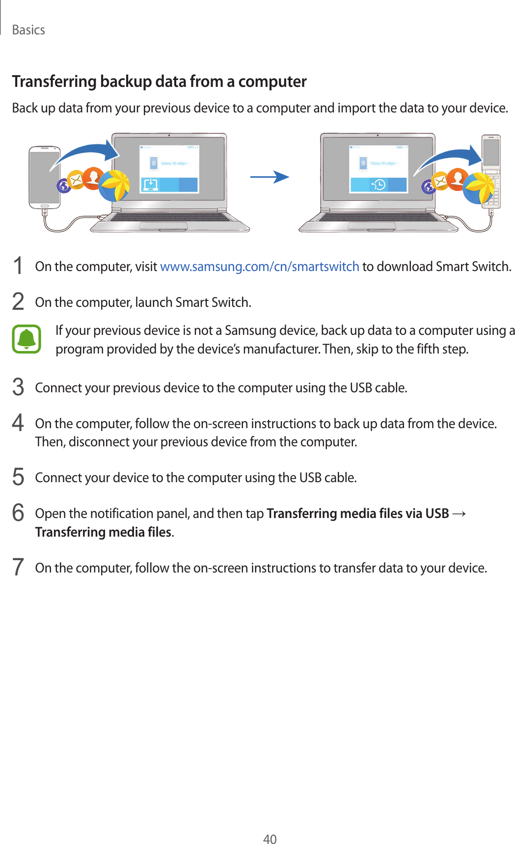 Basics40Transferring backup data from a computerBack up data from your previous device to a computer and import the data to your device.1  On the computer, visit www.samsung.com/cn/smartswitch to download Smart Switch.2  On the computer, launch Smart Switch.If your previous device is not a Samsung device, back up data to a computer using a program provided by the device’s manufacturer. Then, skip to the fifth step.3  Connect your previous device to the computer using the USB cable.4  On the computer, follow the on-screen instructions to back up data from the device. Then, disconnect your previous device from the computer.5  Connect your device to the computer using the USB cable.6  Open the notification panel, and then tap Transferring media files via USB → Transferring media files.7  On the computer, follow the on-screen instructions to transfer data to your device.