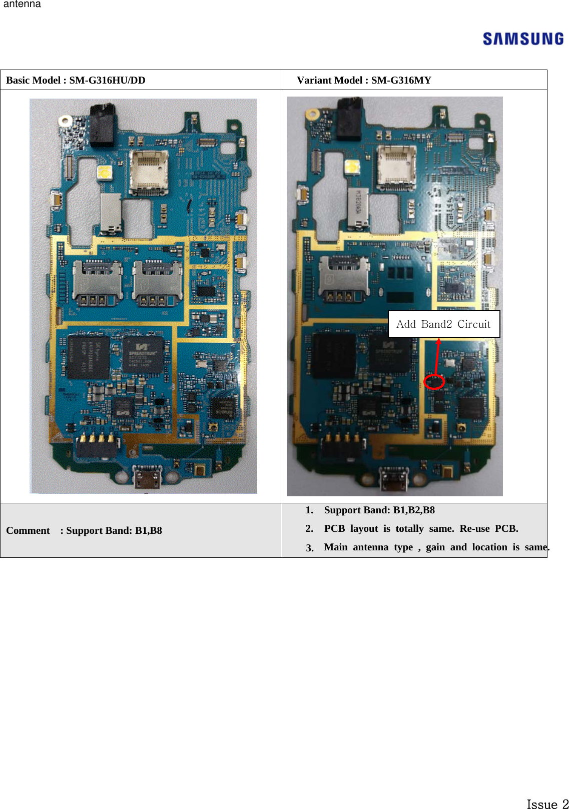  Issue 2  Basic Model : SM-G316HU/ D   D  Variant Model : SM-G316MY   Comment  : Support Band: B1,B8 1. Support Band: B1,B2,B8 2. PCB layout is totally same. Re-use PCB.   Add  Band2  Circuit 3. Main antenna type , g ain and location is same.antenna