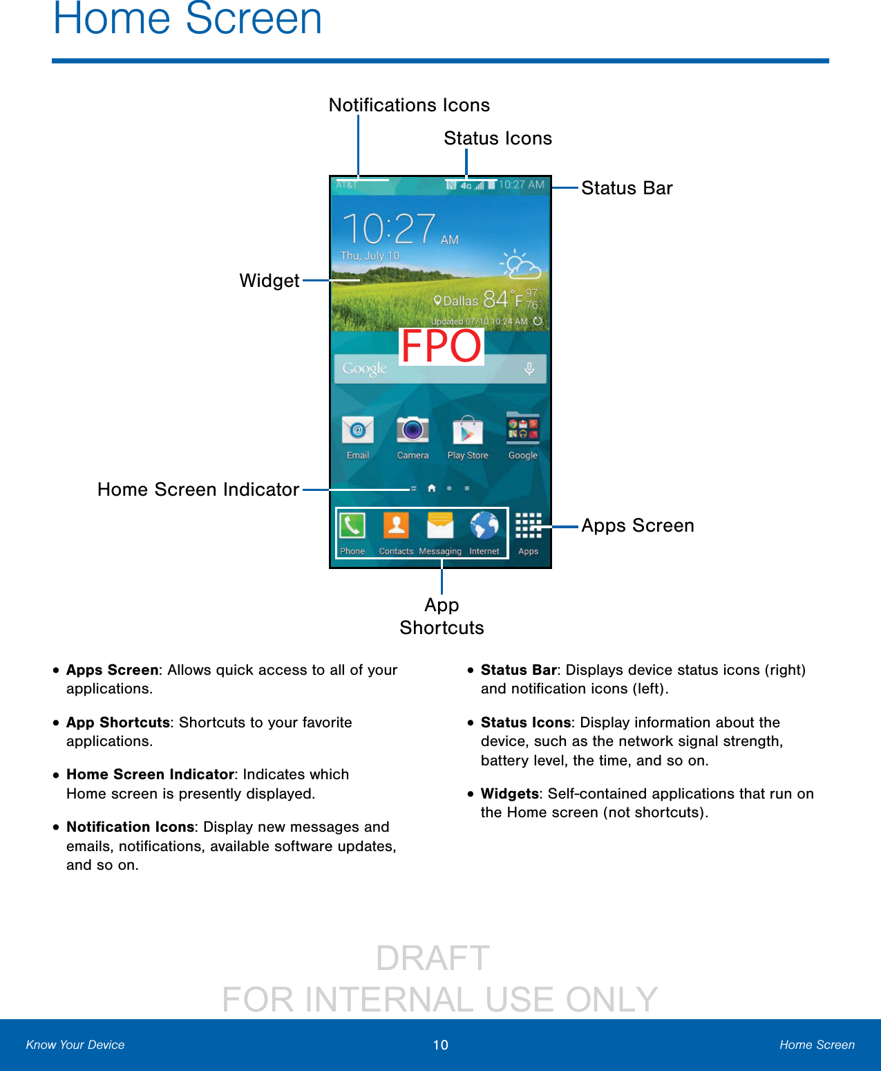                 DRAFT FOR INTERNAL USE ONLY10 Home ScreenKnow Your DeviceHome Screen• Apps Screen: Allows quick access to all of your applications.• App Shortcuts: Shortcuts to your favorite applications.• Home Screen Indicator: Indicates which Homescreen is presently displayed.• Notiﬁcation Icons: Display new messages and emails, notiﬁcations, available software updates, and so on.• Status Bar: Displays device status icons (right) and notiﬁcation icons (left).• Status Icons: Display information about the device, such as the network signal strength, battery level, the time, and so on.• Widgets: Self-contained applications that run on the Home screen (not shortcuts). FPOStatus IconsNotiﬁcations IconsHome Screen IndicatorStatus BarWidgetApps ScreenAppShortcuts