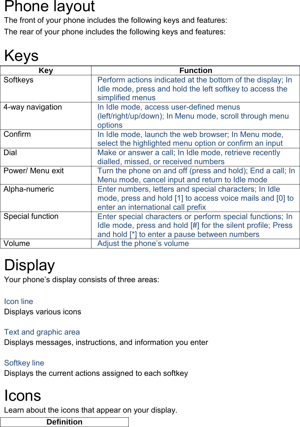   Phone layout The front of your phone includes the following keys and features: The rear of your phone includes the following keys and features:  Keys  Key Function Softkeys Perform actions indicated at the bottom of the display; In Idle mode, press and hold the left softkey to access the simplified menus 4-way navigation In Idle mode, access user-defined menus (left/right/up/down); In Menu mode, scroll through menu options Confirm In Idle mode, launch the web browser; In Menu mode, select the highlighted menu option or confirm an input Dial Make or answer a call; In Idle mode, retrieve recently dialled, missed, or received numbers Power/ Menu exit Turn the phone on and off (press and hold); End a call; In Menu mode, cancel input and return to Idle mode Alpha-numeric Enter numbers, letters and special characters; In Idle mode, press and hold [1] to access voice mails and [0] to enter an international call prefix Special function Enter special characters or perform special functions; In Idle mode, press and hold [#] for the silent profile; Press and hold [*] to enter a pause between numbers Volume Adjust the phone&rsquo;s volume  Display Your phone&rsquo;s display consists of three areas:   Icon line Displays various icons   Text and graphic area Displays messages, instructions, and information you enter   Softkey line Displays the current actions assigned to each softkey  Icons Learn about the icons that appear on your display. Definition 