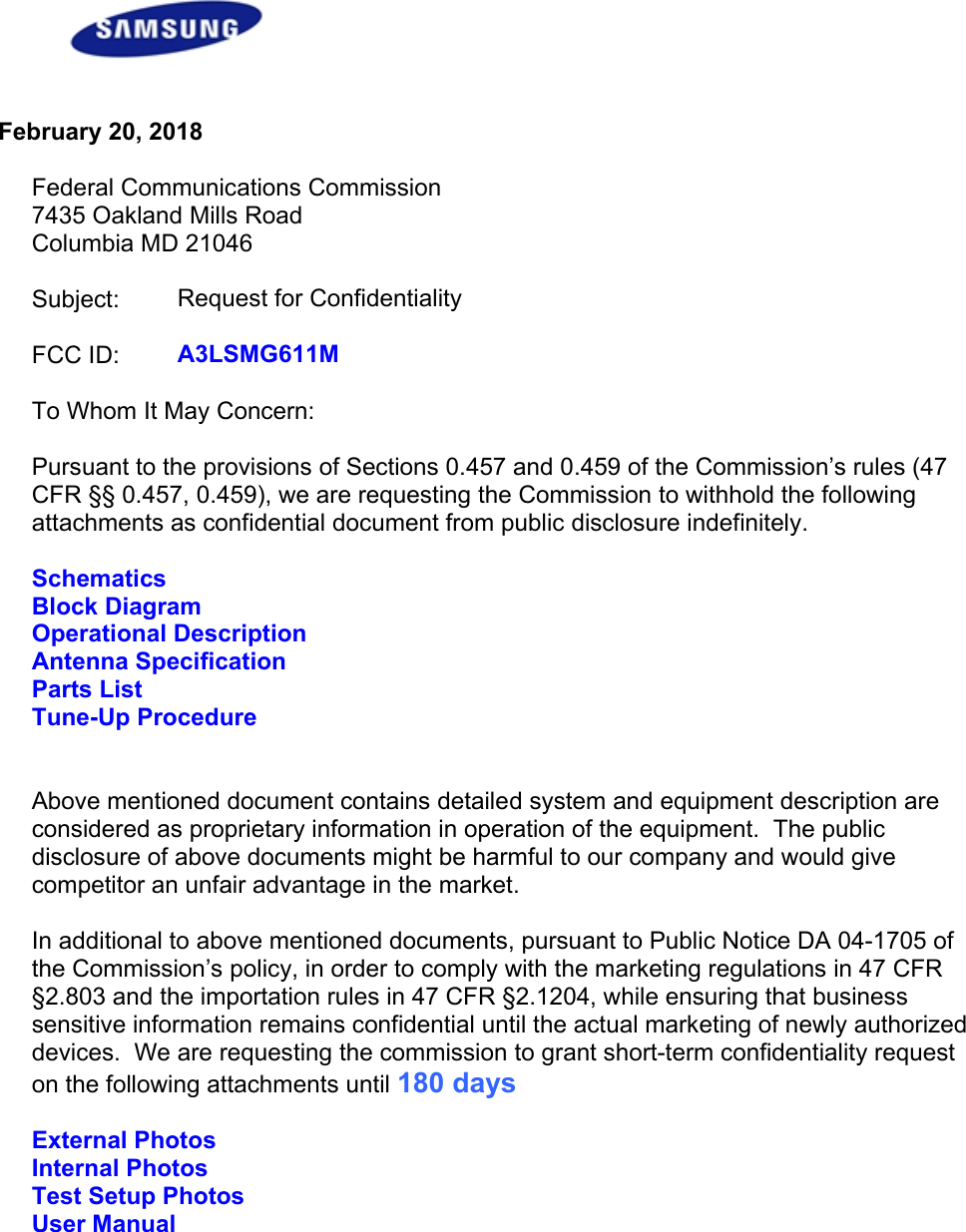 Page 1 of Samsung Electronics Co SMG611M GSM/WCDMA/LTE Phone + BT/BLE, DTS b/g/n and ANT+ User Manual A3LSMG611M Request for confidentiality letter 