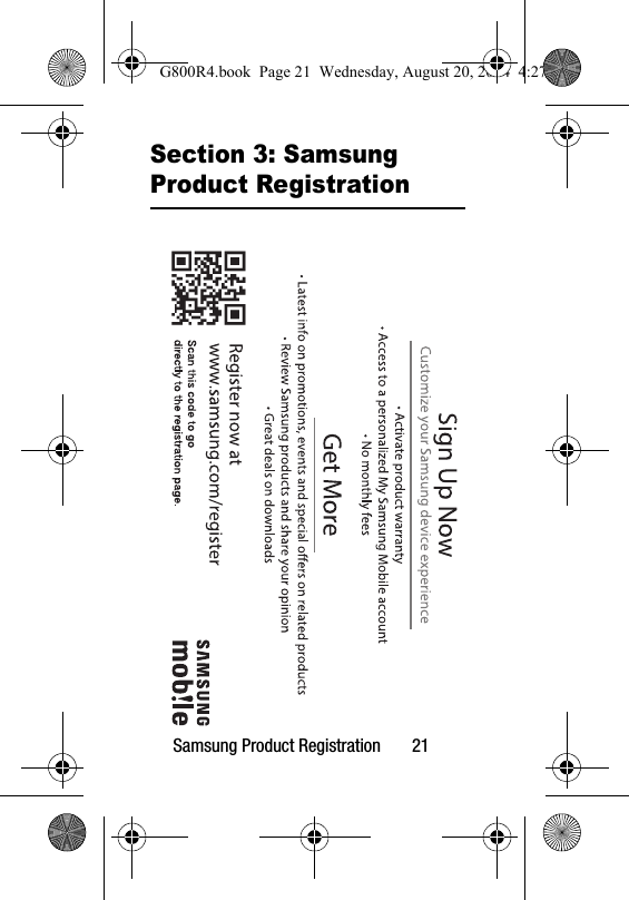 Samsung Product Registration       21Section 3: Samsung Product RegistrationG800R4.book  Page 21  Wednesday, August 20, 2014  4:27 PM