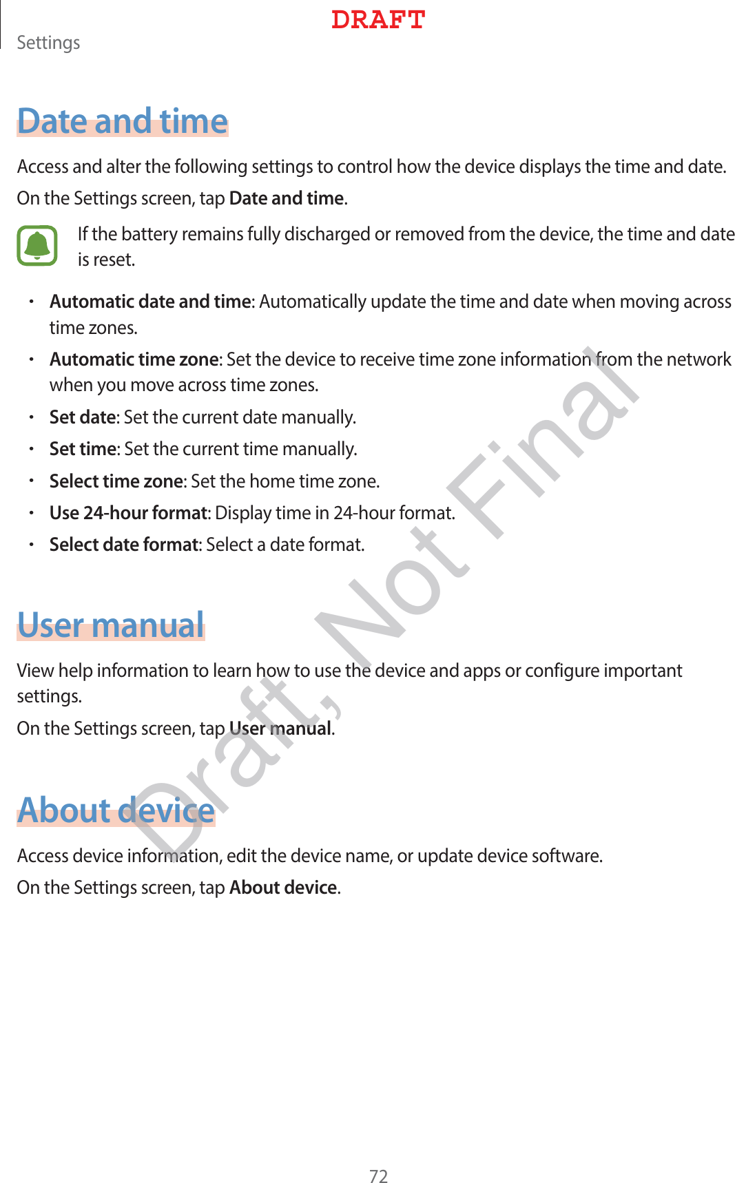 4FUUJOHTDate and time&quot;DDFTTBOEBMUFSUIFGPMMPXJOHTFUUJOHTUPDPOUSPMIPXUIFEFWJDFEJTQMBZTUIFUJNFBOEEBUF0OUIF4FUUJOHTTDSFFOUBQDate and time*GUIFCBUUFSZSFNBJOTGVMMZEJTDIBSHFEPSSFNPWFEGSPNUIFEFWJDFUIFUJNFBOEEBUFJTSFTFUrAutomatic date and time&quot;VUPNBUJDBMMZVQEBUFUIFUJNFBOEEBUFXIFONPWJOHBDSPTTUJNF[POFTrAutomatic time zone4FUUIFEFWJDFUPSFDFJWFUJNF[POFJOGPSNBUJPOGSPNUIFOFUXPSLXIFOZPVNPWFBDSPTTUJNF[POFTrSet date4FUUIFDVSSFOUEBUFNBOVBMMZrSet time4FUUIFDVSSFOUUJNFNBOVBMMZrSelect time zone4FUUIFIPNFUJNF[POFrUse 24-hour format%JTQMBZUJNFJOIPVSGPSNBUrSelect date format4FMFDUBEBUFGPSNBUUser manual7JFXIFMQJOGPSNBUJPOUPMFBSOIPXUPVTFUIFEFWJDFBOEBQQTPSDPOGJHVSFJNQPSUBOUTFUUJOHT0OUIF4FUUJOHTTDSFFOUBQUser manualAbout device&quot;DDFTTEFWJDFJOGPSNBUJPOFEJUUIFEFWJDFOBNFPSVQEBUFEFWJDFTPGUXBSF0OUIF4FUUJOHTTDSFFOUBQAbout device%3&quot;&apos;5Draft, Not Final