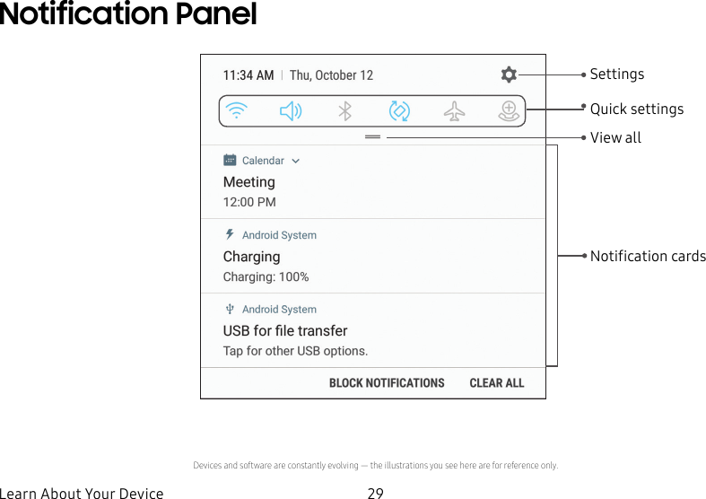 29Learn About Your DeviceNotification PanelSettingsQuick settingsView allNotification cardsDevices and software are constantly evolving — the illustrations you see here are for reference only.