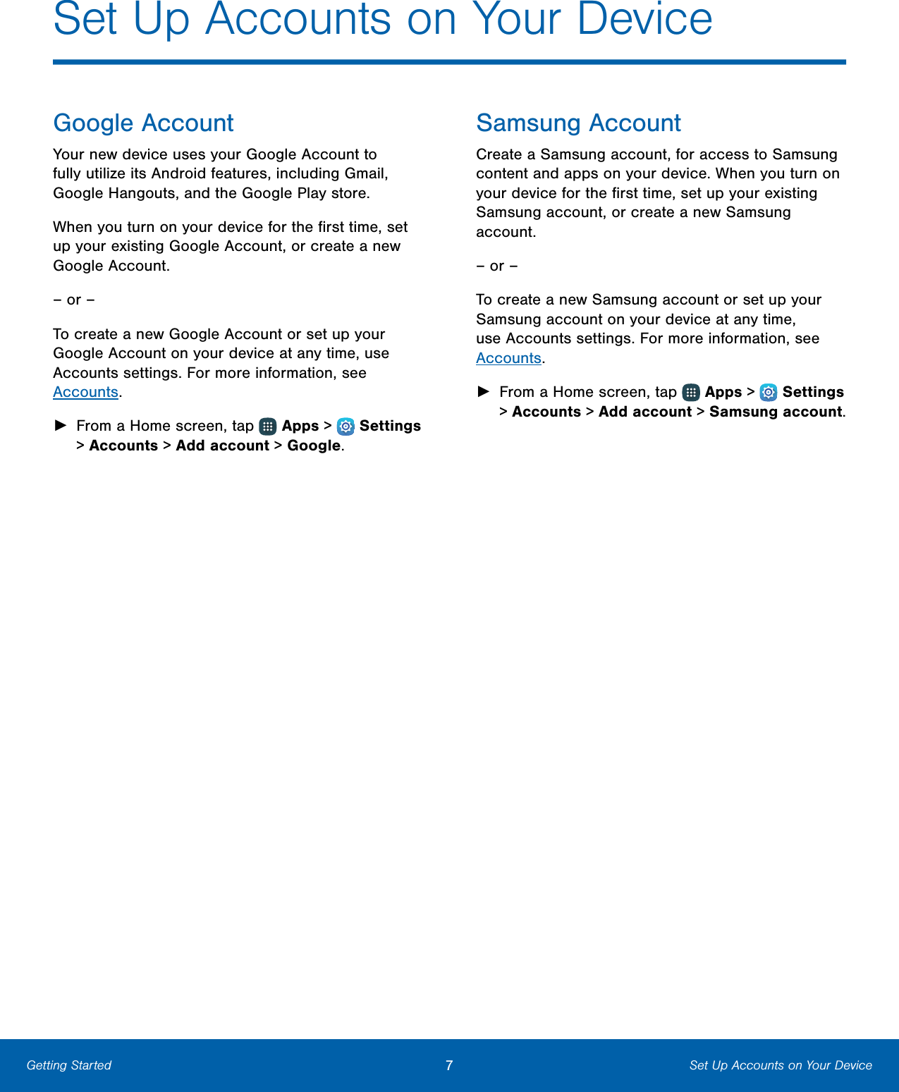   Set Up Accounts on Your Device  Google Account Your new device uses your Google Account to fully utilize its Android features, including Gmail, GoogleHangouts, and the Google Play store. When you turn on your device for the ﬁrst time, set up your existing Google Account, or create a new GoogleAccount. – or – To create a new Google Account or set up your Google Account on your device at any time, use Accounts settings. Formore information, see Accounts. ► From a Home screen, tap   Apps &gt;  Settings &gt; Accounts &gt; Add account &gt; Google. Samsung Account Create a Samsung account, for access to Samsung content and apps on your device. When you turn on your device for the ﬁrst time, set up your existing Samsung account, or create a new Samsung account. – or – To create a new Samsung account or set up your Samsung account on your device at any time, use Accounts settings. Formore information, see Accounts. ► From a Home screen, tap   Apps &gt;  Settings &gt; Accounts &gt; Add account &gt; Samsungaccount. Getting Started  7  Set Up Accounts on Your Device 