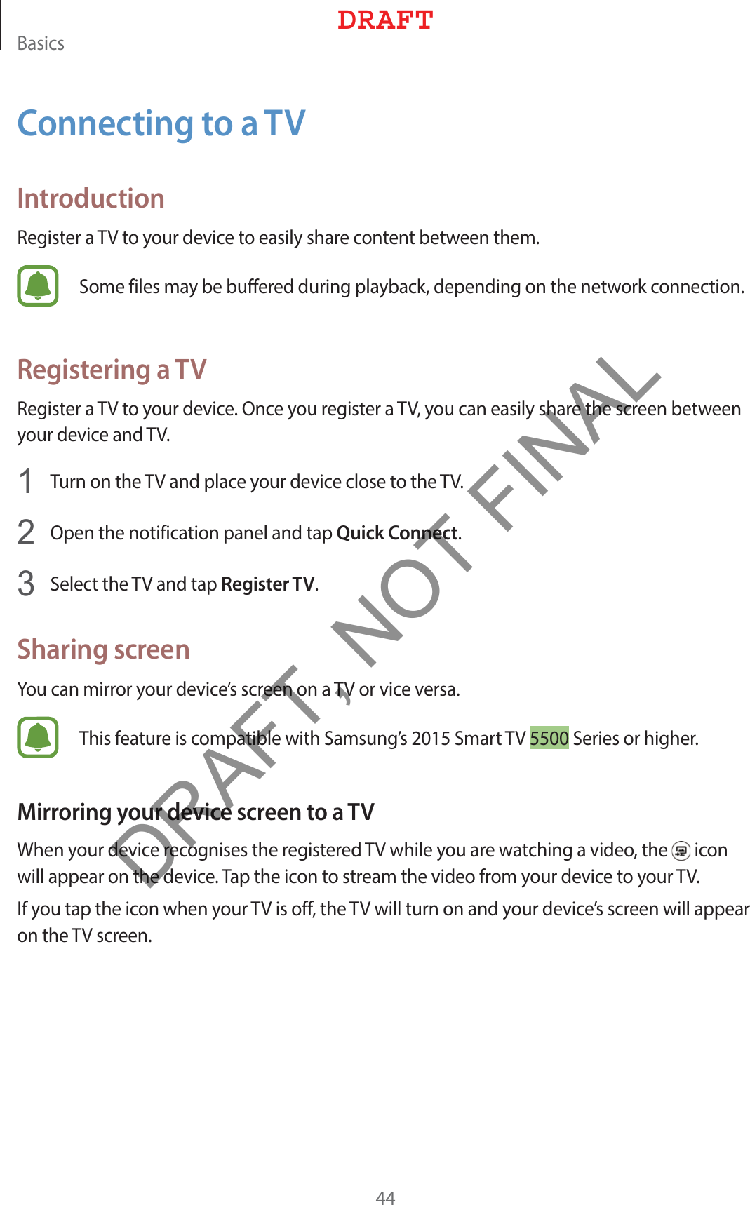 #BTJDTConnecting to a TVIntroduction3FHJTUFSB57UPZPVSEFWJDFUPFBTJMZTIBSFDPOUFOUCFUXFFOUIFN4PNFGJMFTNBZCFCVGGFSFEEVSJOHQMBZCBDLEFQFOEJOHPOUIFOFUXPSLDPOOFDUJPORegistering a TV3FHJTUFSB57UPZPVSEFWJDF0ODFZPVSFHJTUFSB57ZPVDBOFBTJMZTIBSFUIFTDSFFOCFUXFFOZPVSEFWJDFBOE57 5VSOPOUIF57BOEQMBDFZPVSEFWJDFDMPTFUPUIF57 0QFOUIFOPUJGJDBUJPOQBOFMBOEUBQQuick Connect 4FMFDUUIF57BOEUBQRegister TVSharing screen:PVDBONJSSPSZPVSEFWJDFTTDSFFOPOB57PSWJDFWFSTB5IJTGFBUVSFJTDPNQBUJCMFXJUI4BNTVOHT4NBSU574FSJFTPSIJHIFSMirroring your device screen to a TV8IFOZPVSEFWJDFSFDPHOJTFTUIFSFHJTUFSFE57XIJMFZPVBSFXBUDIJOHBWJEFPUIF JDPOXJMMBQQFBSPOUIFEFWJDF5BQUIFJDPOUPTUSFBNUIFWJEFPGSPNZPVSEFWJDFUPZPVS57*GZPVUBQUIFJDPOXIFOZPVS57JTPGGUIF57XJMMUVSOPOBOEZPVSEFWJDFTTDSFFOXJMMBQQFBSPOUIF57TDSFFO%3&quot;&apos;5DRAFT, NOT FINAL